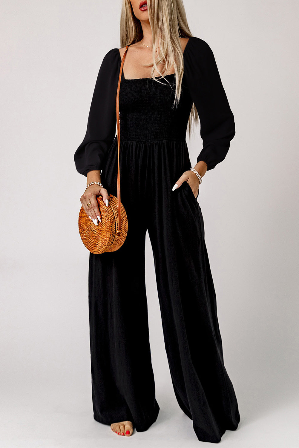 Green Smocked Square Neck Long Sleeve Wide Leg Jumpsuit-Jumpsuits-[Adult]-[Female]-2022 Online Blue Zone Planet