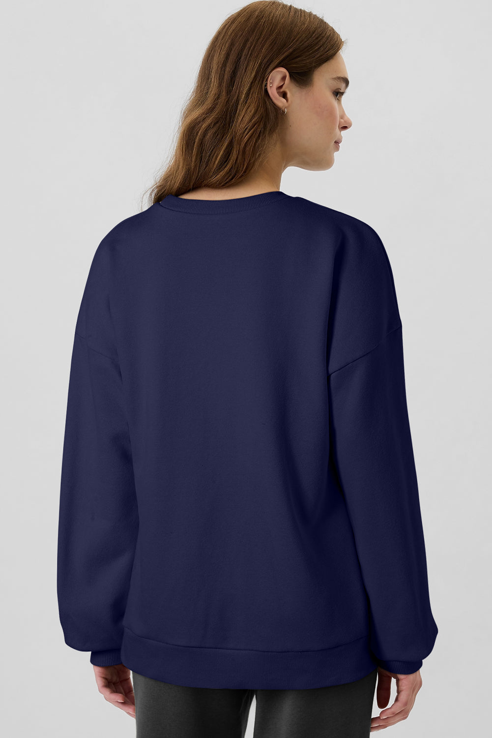 Navy Blue Solid Fleece Lined Drop Shoulder High Low Sweatshirt-Tops/Sweatshirts & Hoodies-[Adult]-[Female]-2022 Online Blue Zone Planet