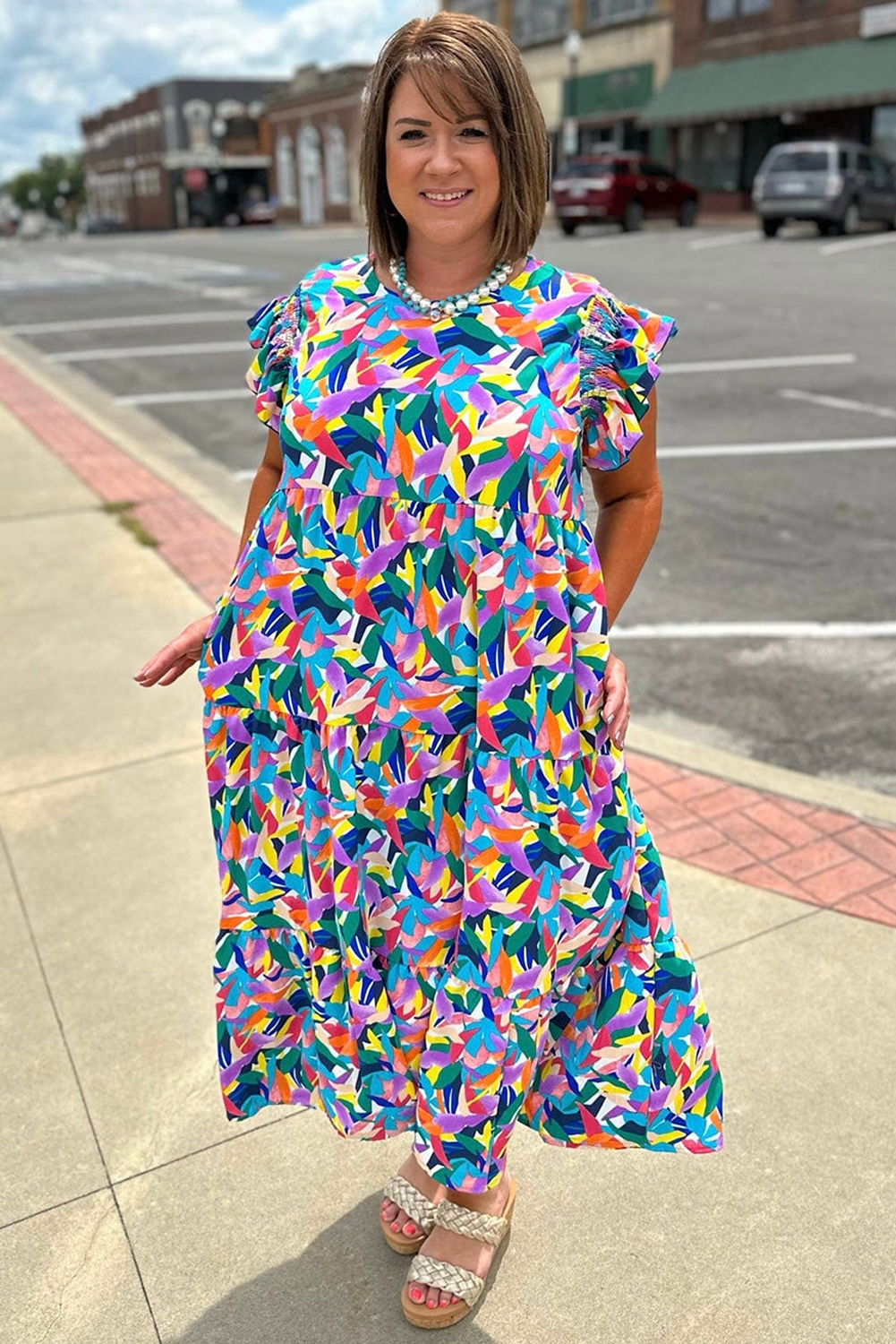 Blue Geometric Print Ruffled Short Sleeve Plus Size Tiered Maxi Dress-TOPS / DRESSES-[Adult]-[Female]-2022 Online Blue Zone Planet