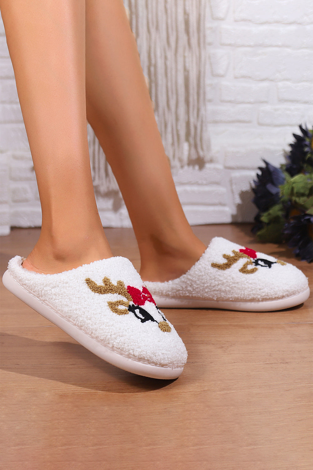 White Christmas Cartoon Pattern Plush Slippers-Shoes & Bags/Slippers-[Adult]-[Female]-2022 Online Blue Zone Planet