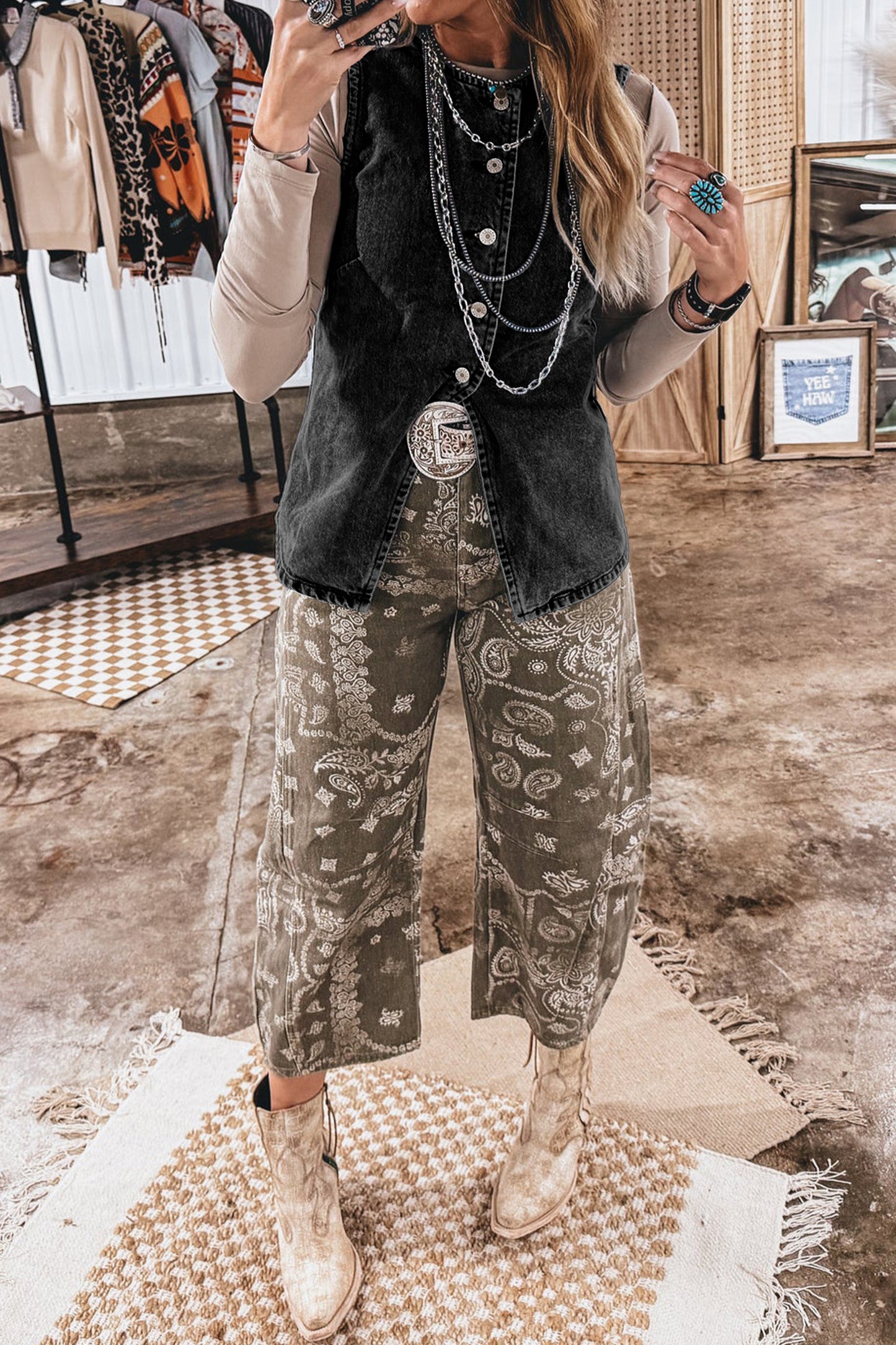 Black Buttoned Front Slit Denim Vest-Tops/Tank Tops-[Adult]-[Female]-2022 Online Blue Zone Planet