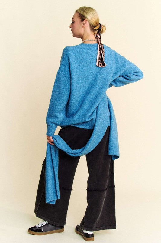 Davi & Dani V-Neck Dropped Shoulder Sweater with Scarf-TOPS / DRESSES-[Adult]-[Female]-2022 Online Blue Zone Planet