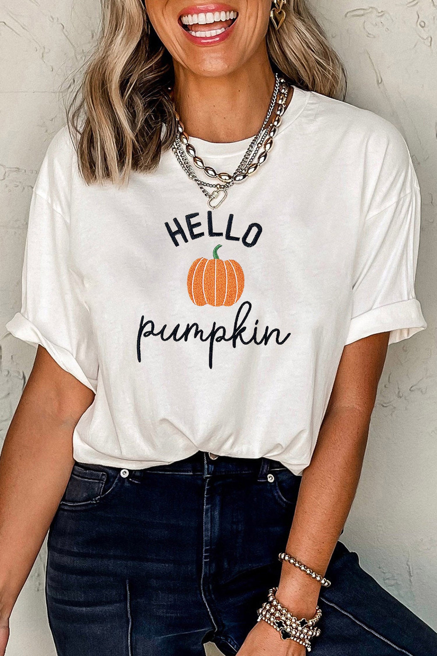 White Embroidered Pumpkin Slogan Short Sleeve T-Shirt-Graphic/Graphic Tees-[Adult]-[Female]-White-S-2022 Online Blue Zone Planet