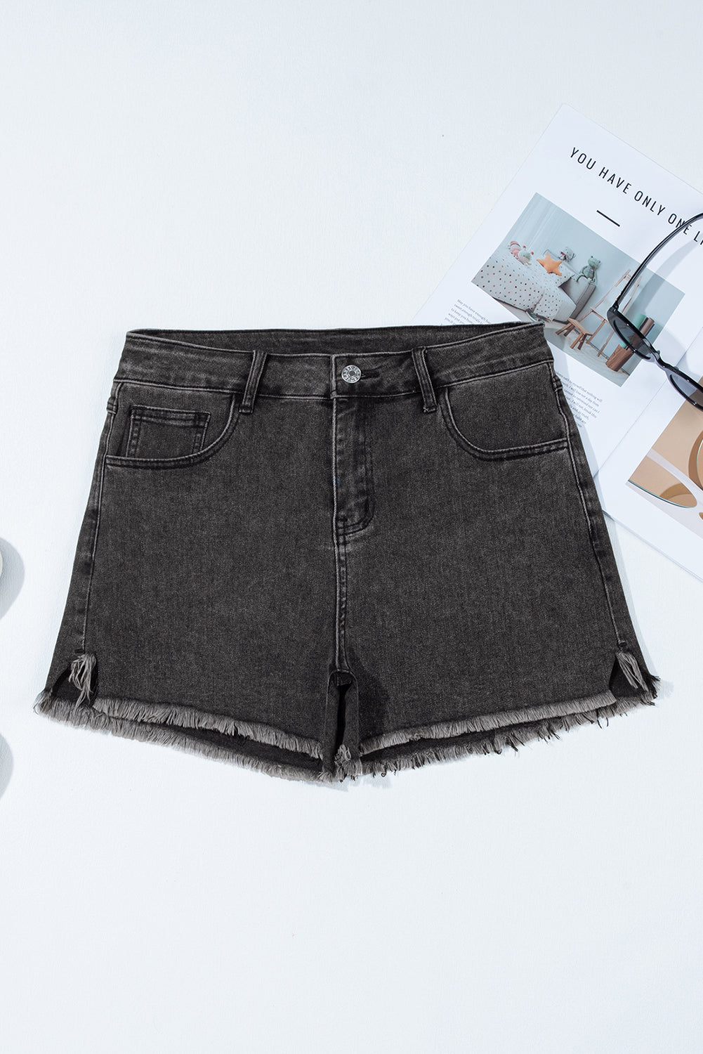 Carbon Grey Raw Hem High Waist Denim Shorts-Bottoms/Denim Shorts-[Adult]-[Female]-2022 Online Blue Zone Planet