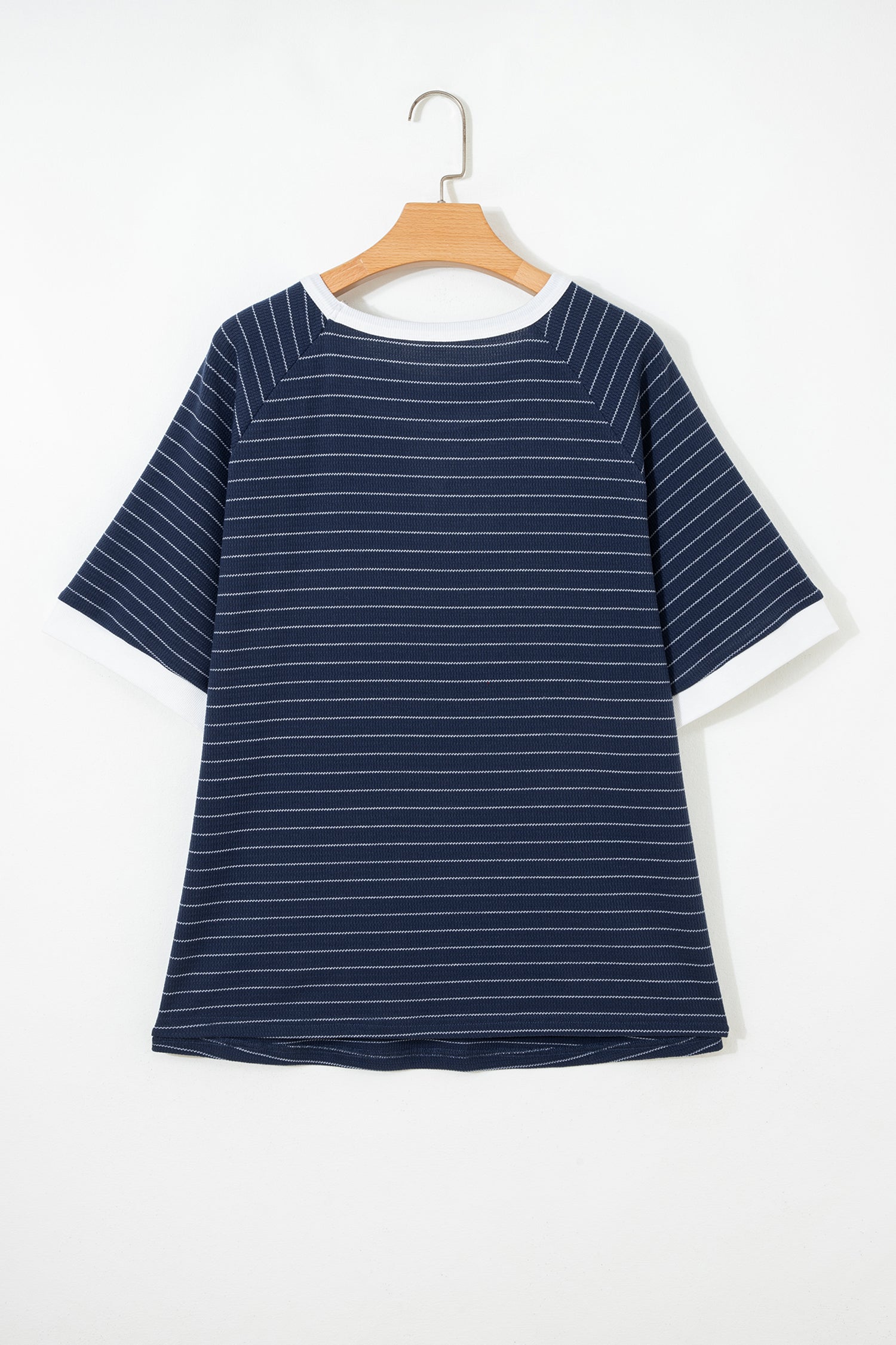 Blue Stripe Contrast Trim Plus Size Ribbed T Shirt-Plus Size/Plus Size Tops/Plus Size Tops & Tees-[Adult]-[Female]-2022 Online Blue Zone Planet
