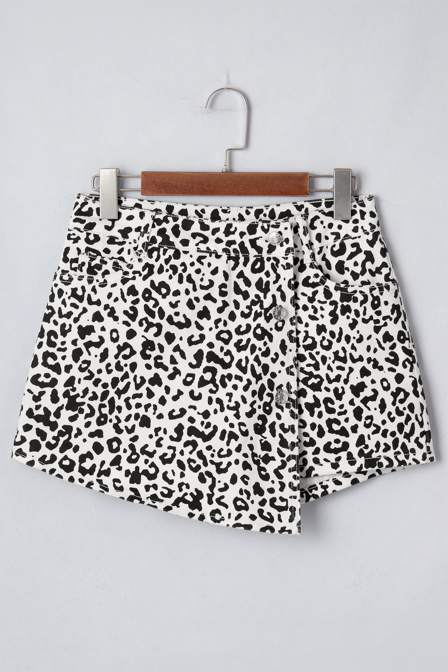 Black Leopard Print Button Overlap Denim Shorts-Bottoms/Denim Shorts-[Adult]-[Female]-2022 Online Blue Zone Planet