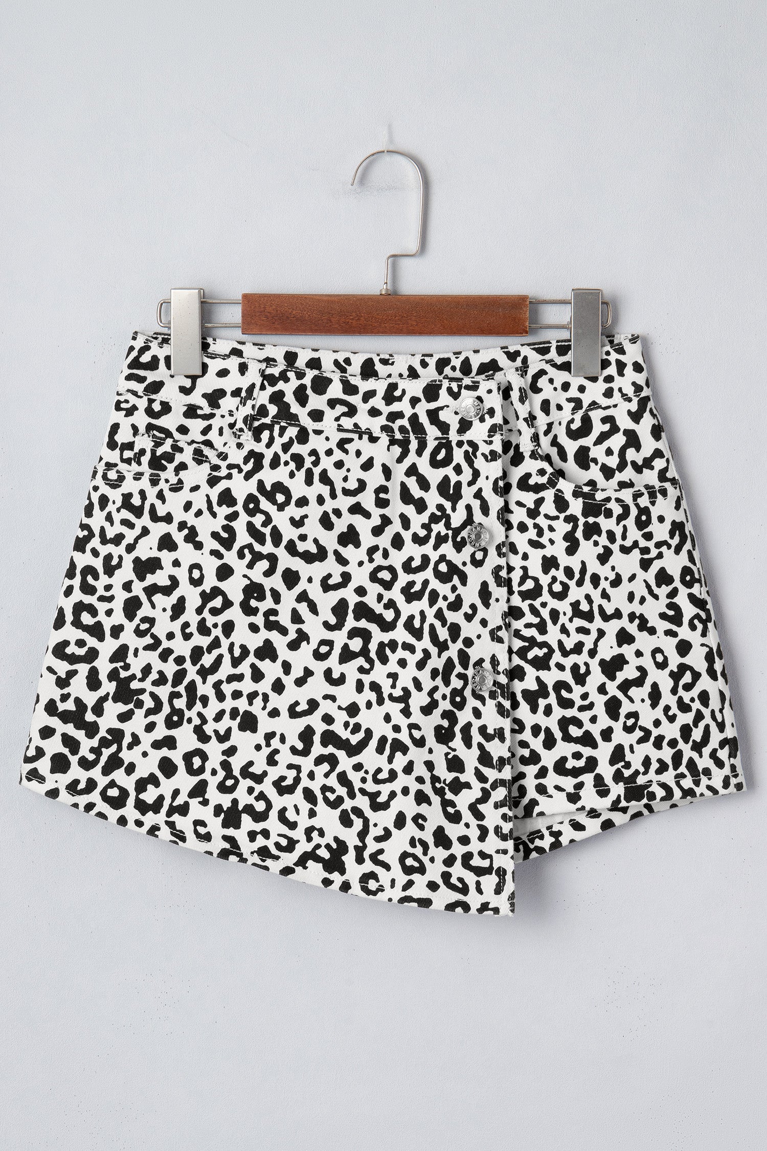 Black Leopard Print Button Overlap Denim Shorts-Bottoms/Denim Shorts-[Adult]-[Female]-2022 Online Blue Zone Planet