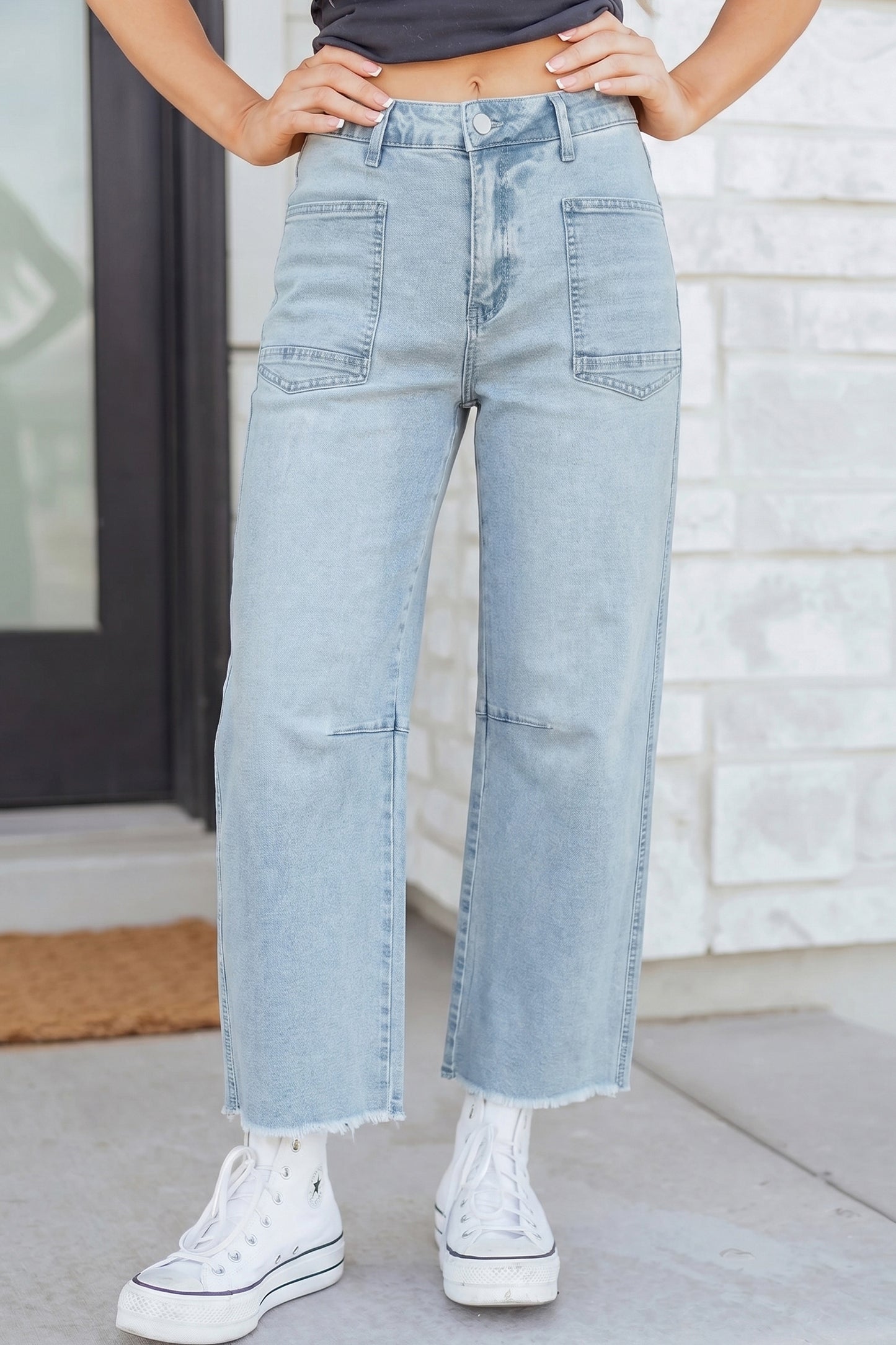 Beau Blue Frayed Cropped Straight Jeans-Bottoms/Jeans-[Adult]-[Female]-Beau Blue-4-2022 Online Blue Zone Planet