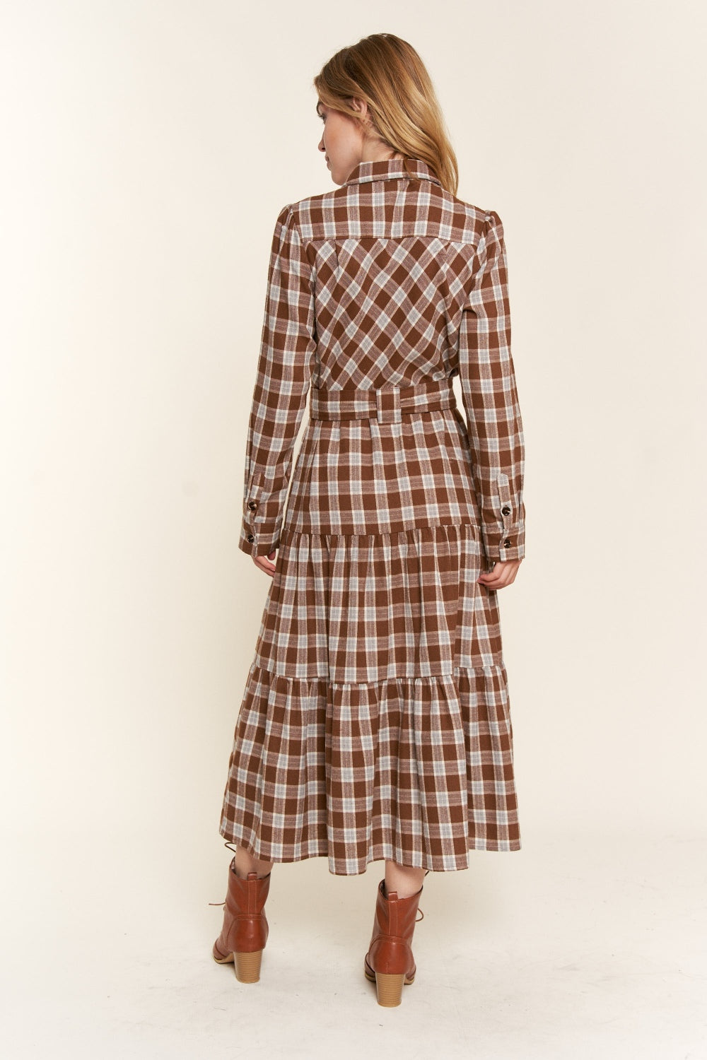 And the Why Plaid Tiered Midi Shirt Dress-TOPS / DRESSES-[Adult]-[Female]-2022 Online Blue Zone Planet