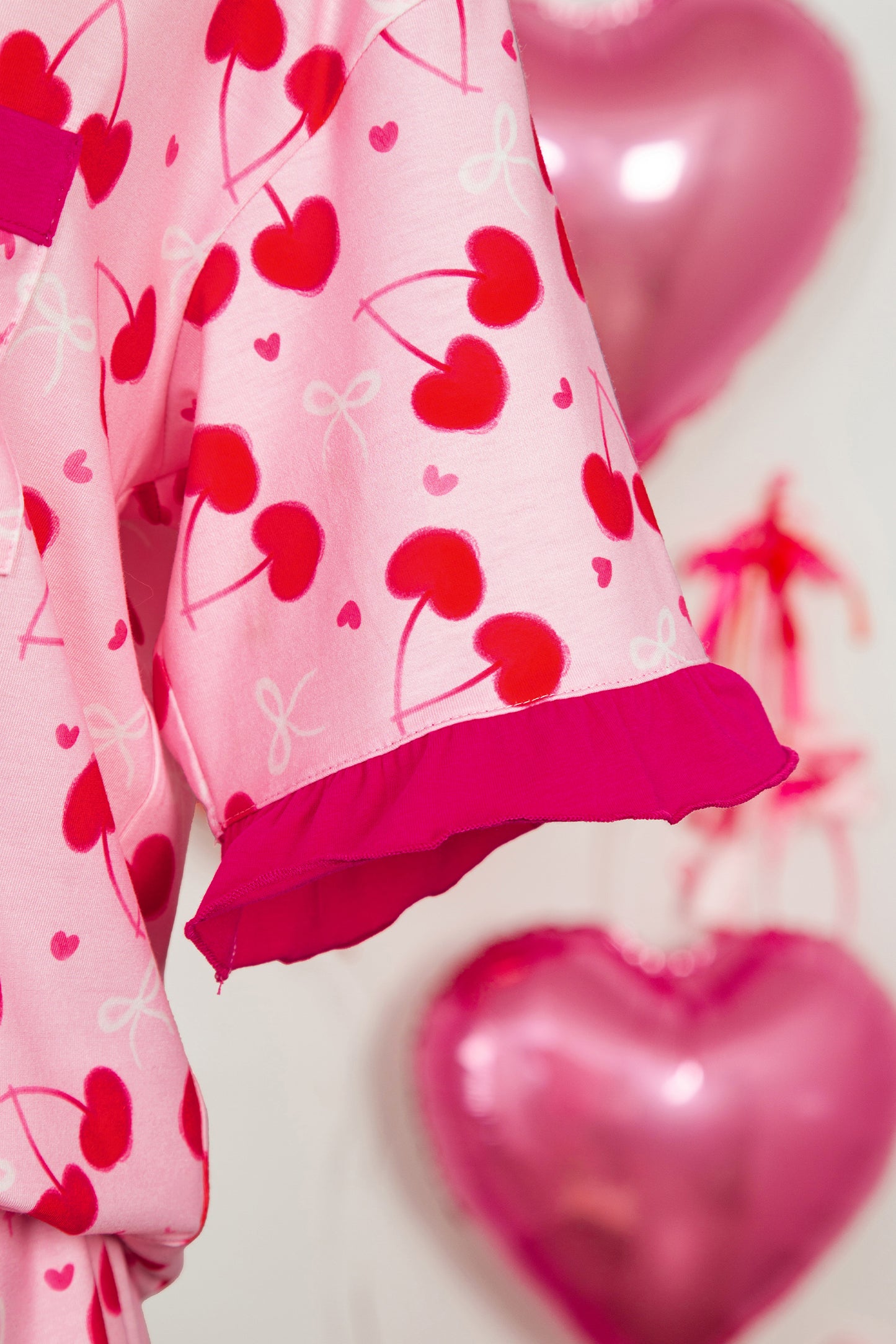 Rose Cherry Bow Mixed Print Scalloped Edge Short Pajama Set-Loungewear & Sleepwear/Loungewear-[Adult]-[Female]-2022 Online Blue Zone Planet