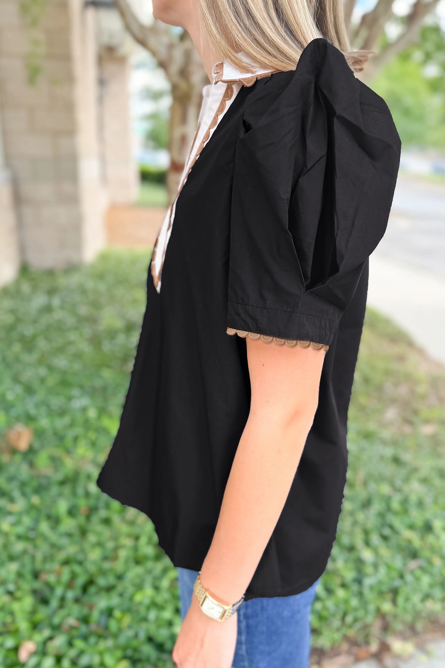 Black Ricrac Trim Color Block Patchwork Shirt Collar Short Sleeve Blouse-Tops/Blouses & Shirts-[Adult]-[Female]-2022 Online Blue Zone Planet