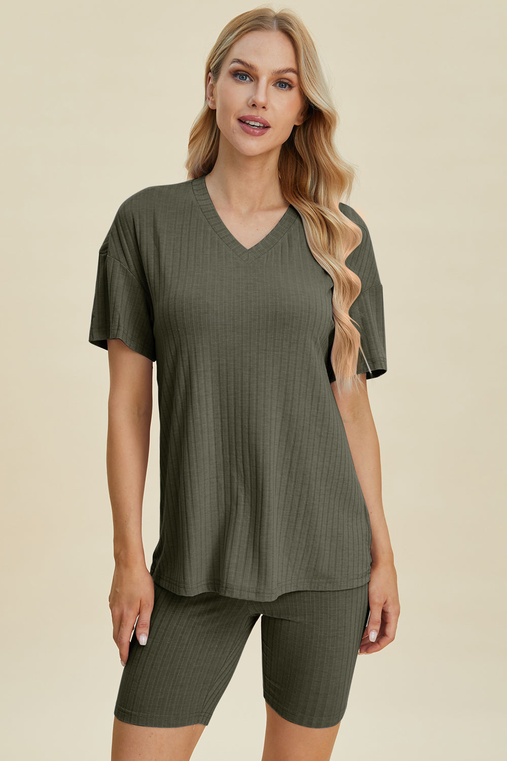 Basic Bae Full Size Ribbed V-Neck Short Sleeve Top and Shorts Set-TOPS / DRESSES-[Adult]-[Female]-Moss-S-2022 Online Blue Zone Planet