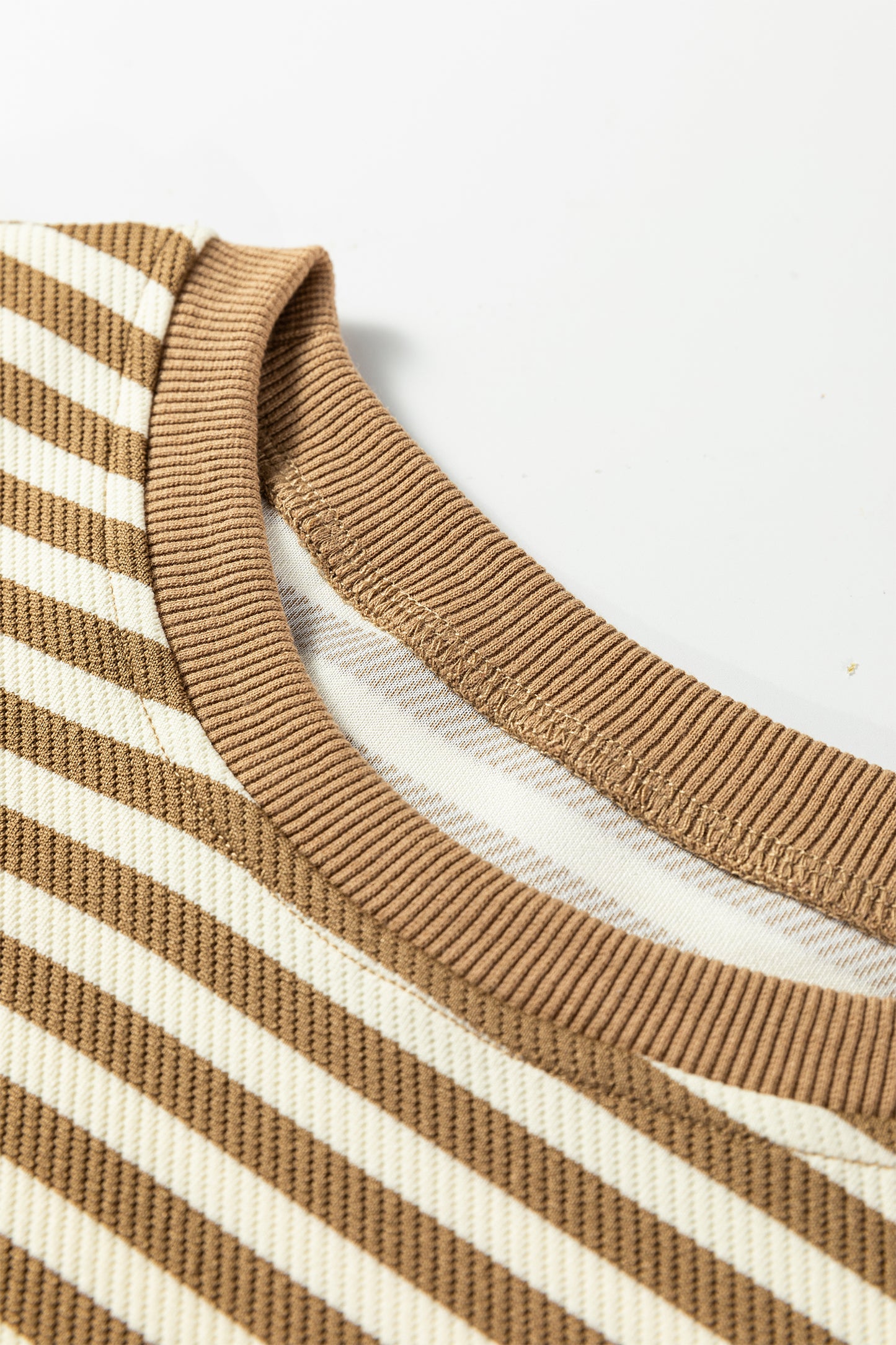 Brown Stripe Textured Drop Shoulder Pullover Top Drawstring Mini Skirt Two Piece Dress Set-TOPS / DRESSES-[Adult]-[Female]-2022 Online Blue Zone Planet