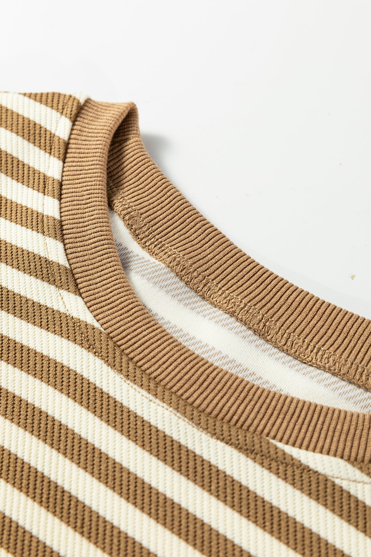 Brown Stripe Textured Drop Shoulder Pullover Top Drawstring Mini Skirt Two Piece Dress Set-TOPS / DRESSES-[Adult]-[Female]-2022 Online Blue Zone Planet