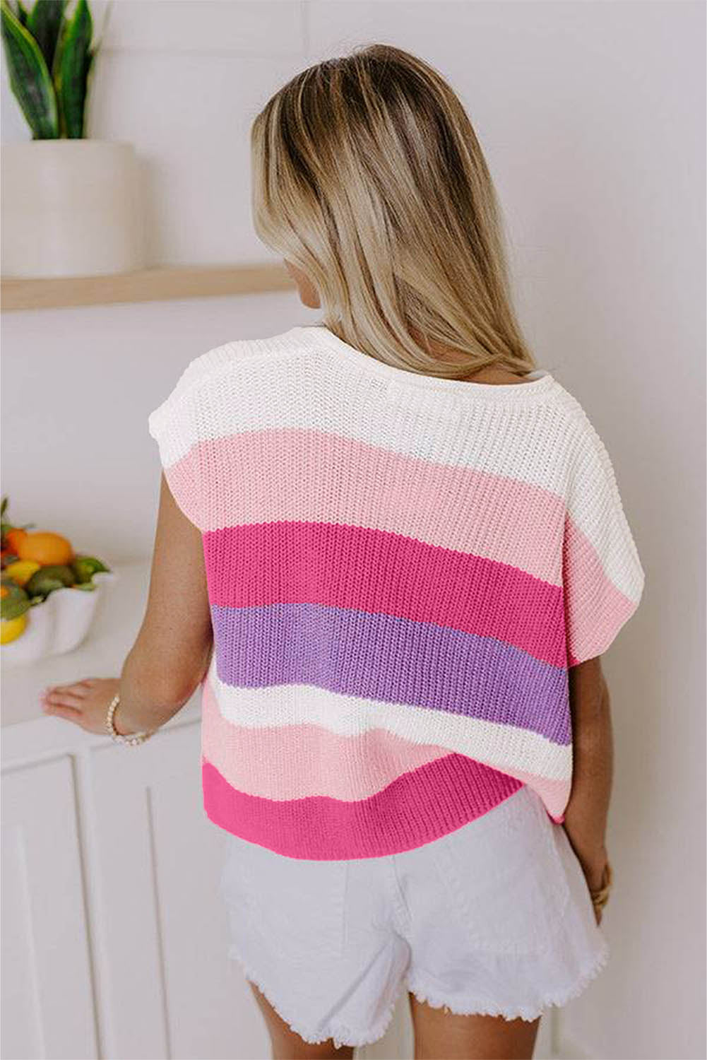 Pink Color Block Notch V Neck Sweater T Shirt-TOPS / DRESSES-[Adult]-[Female]-2022 Online Blue Zone Planet
