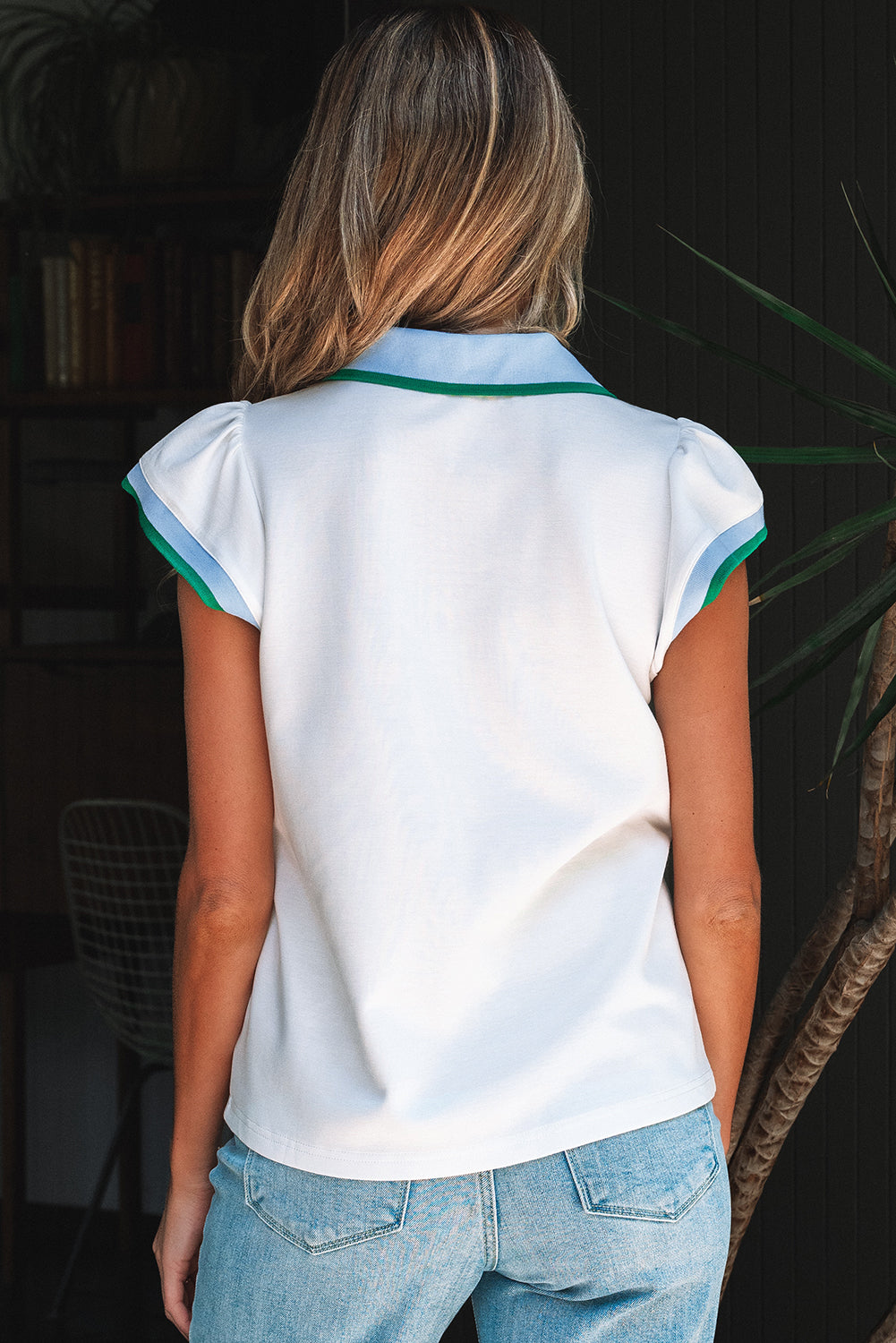 White Color Contrast Ruffled Sleeve Collared V Neck Blouse-Tops/Blouses & Shirts-[Adult]-[Female]-2022 Online Blue Zone Planet