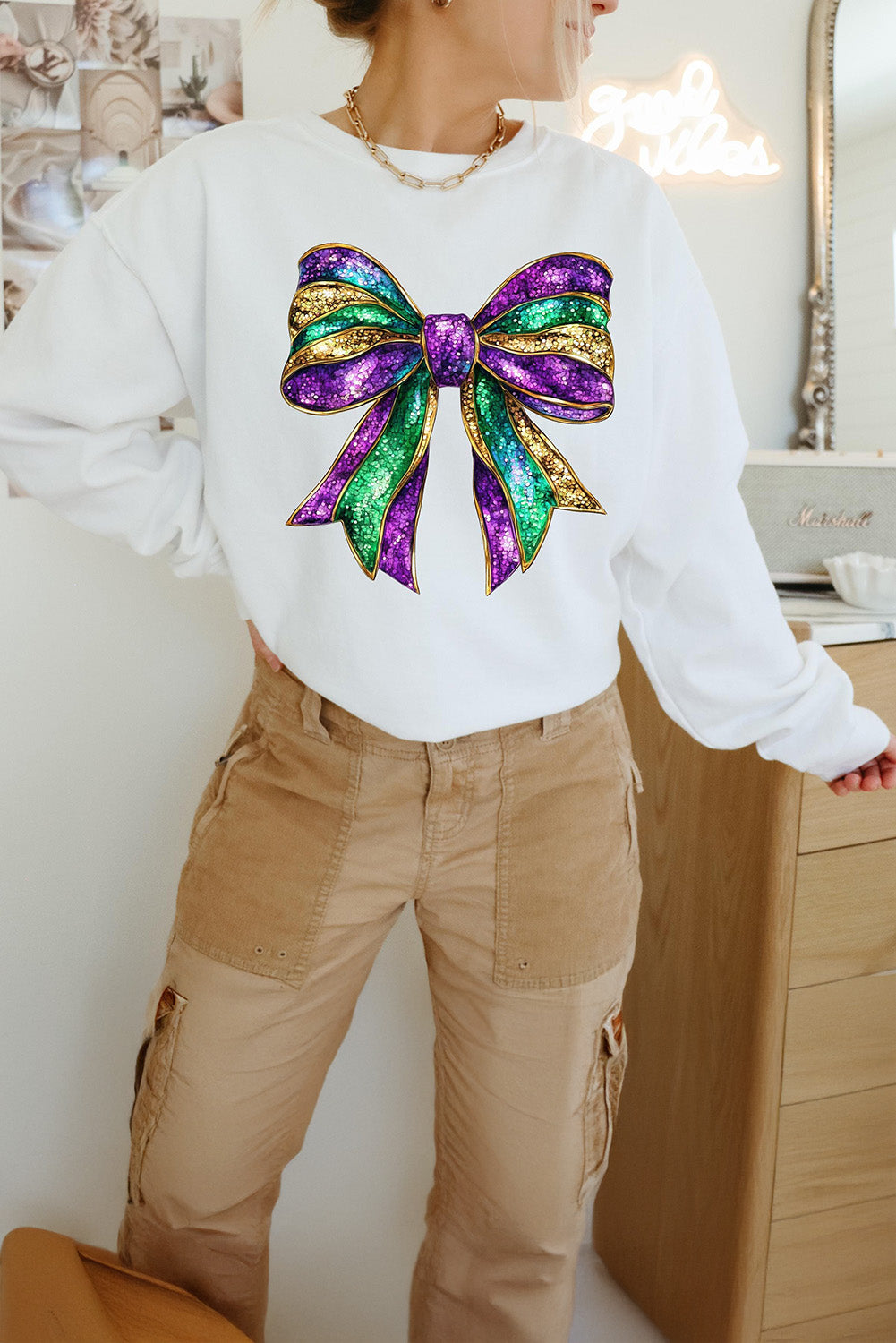 White Mardi Gras Bow Graphic Drop Shoulder Sweatshirt-Graphic/Graphic Sweatshirts-[Adult]-[Female]-White-S-2022 Online Blue Zone Planet