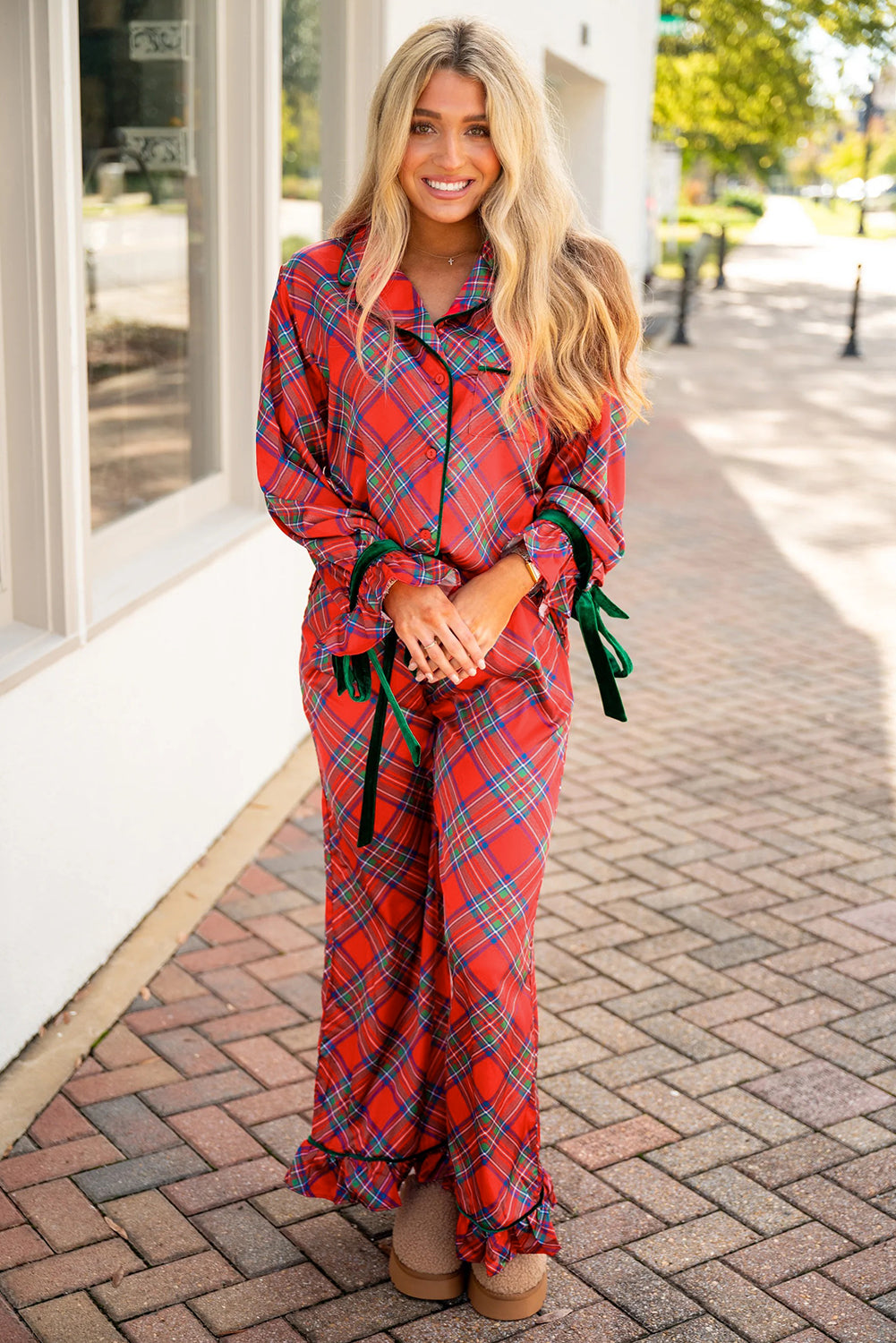 Fiery Red Christmas Plaid Satin Pajama Set with Contrast Velvet Ties-Loungewear & Sleepwear/Sleepwear-[Adult]-[Female]-2022 Online Blue Zone Planet