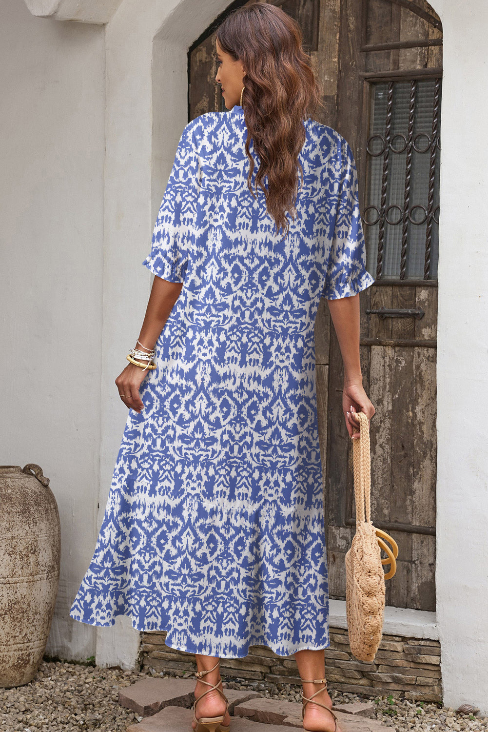Sky Blue Geometric Print V Neck Casual Long Dress-Dresses/Maxi Dresses-[Adult]-[Female]-2022 Online Blue Zone Planet