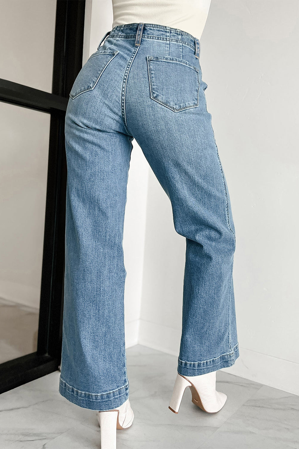 Dusk Blue Multi Buttons Medium Wash Straight Loose Leg Jeans-Bottoms/Jeans-[Adult]-[Female]-2022 Online Blue Zone Planet