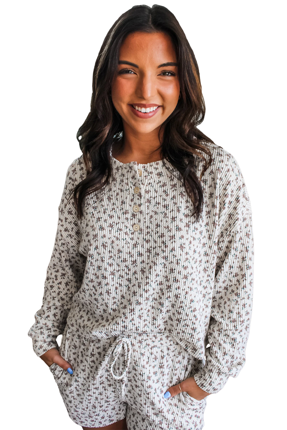 White Spiral Ribbed Floral Print Long Sleeve Henley Top Drawstring Short Set-Two Piece Sets/Short Sets-[Adult]-[Female]-2022 Online Blue Zone Planet