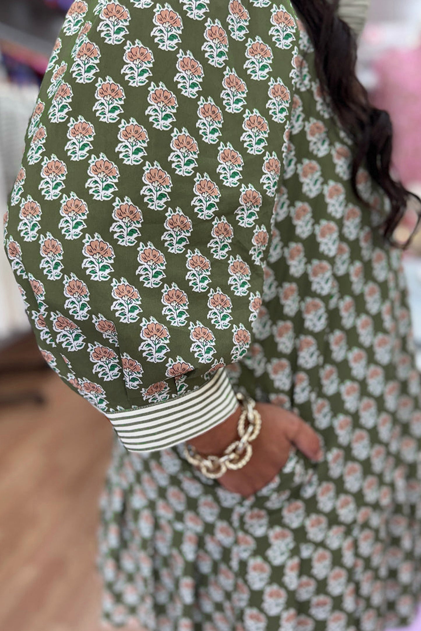 Green Contrast Striped Frilled Collar 3/4 Sleeve Plus Size Floral Dress-TOPS / DRESSES-[Adult]-[Female]-2022 Online Blue Zone Planet