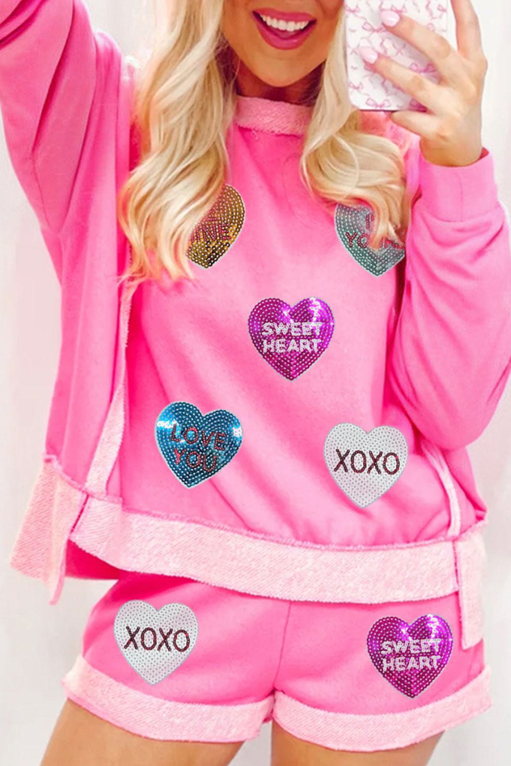 Sequin Heart Round Neck Top and Shorts Set-TOPS / DRESSES-[Adult]-[Female]-Pink-S-2022 Online Blue Zone Planet