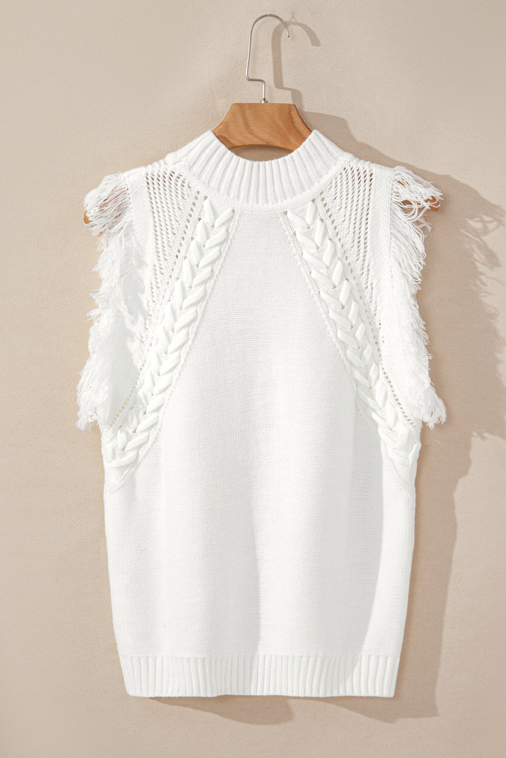 White Woven Tasseled Sleeveless Mock Neck Sweater Vest-TOPS / DRESSES-[Adult]-[Female]-2022 Online Blue Zone Planet