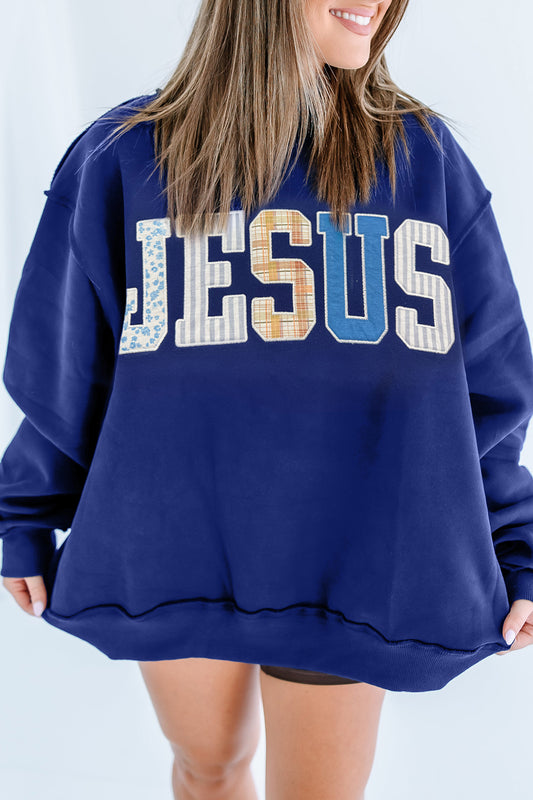 Navy Blue JESUS Mixed Pattern Embroidered Patch Graphic Mock Neck Sweatshirt-Tops/Sweatshirts & Hoodies-[Adult]-[Female]-Navy Blue-S-2022 Online Blue Zone Planet