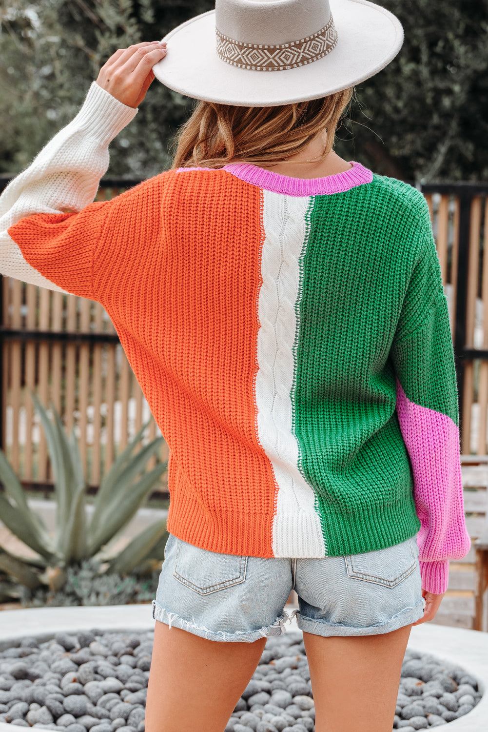 Desert Gold Color Block Textured Knit Drop Shoulder Loose Fit Sweater-TOPS / DRESSES-[Adult]-[Female]-2022 Online Blue Zone Planet