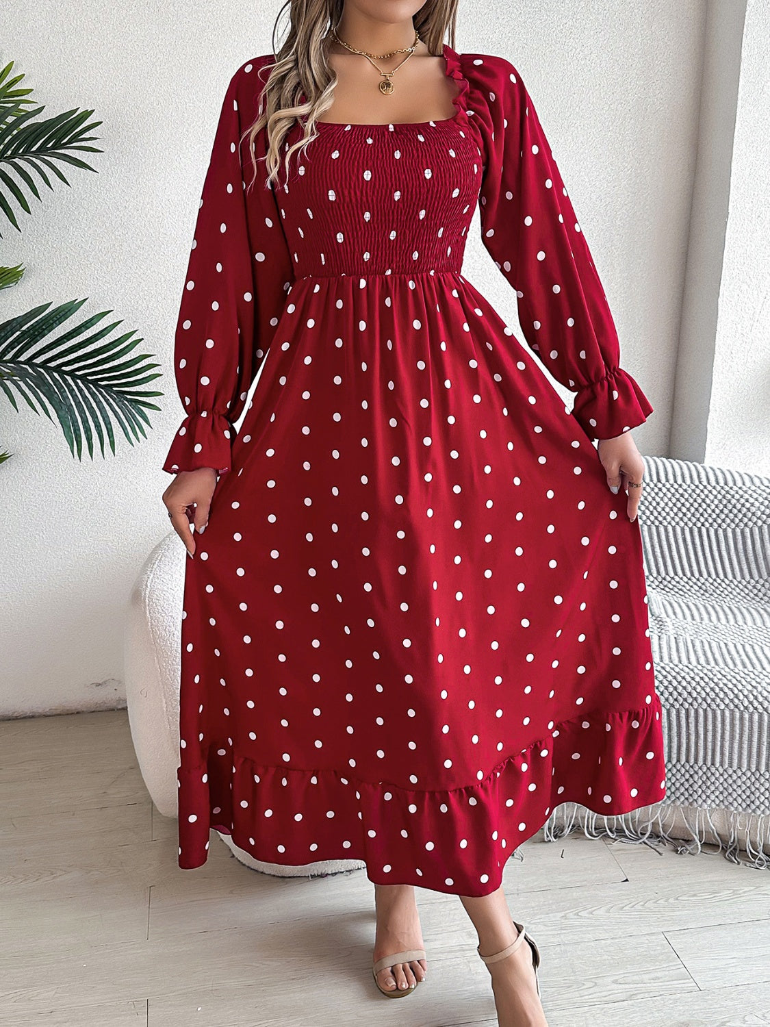 Polka Dot Flounce Sleeve Midi Dress-TOPS / DRESSES-[Adult]-[Female]-Burgundy-S-2022 Online Blue Zone Planet