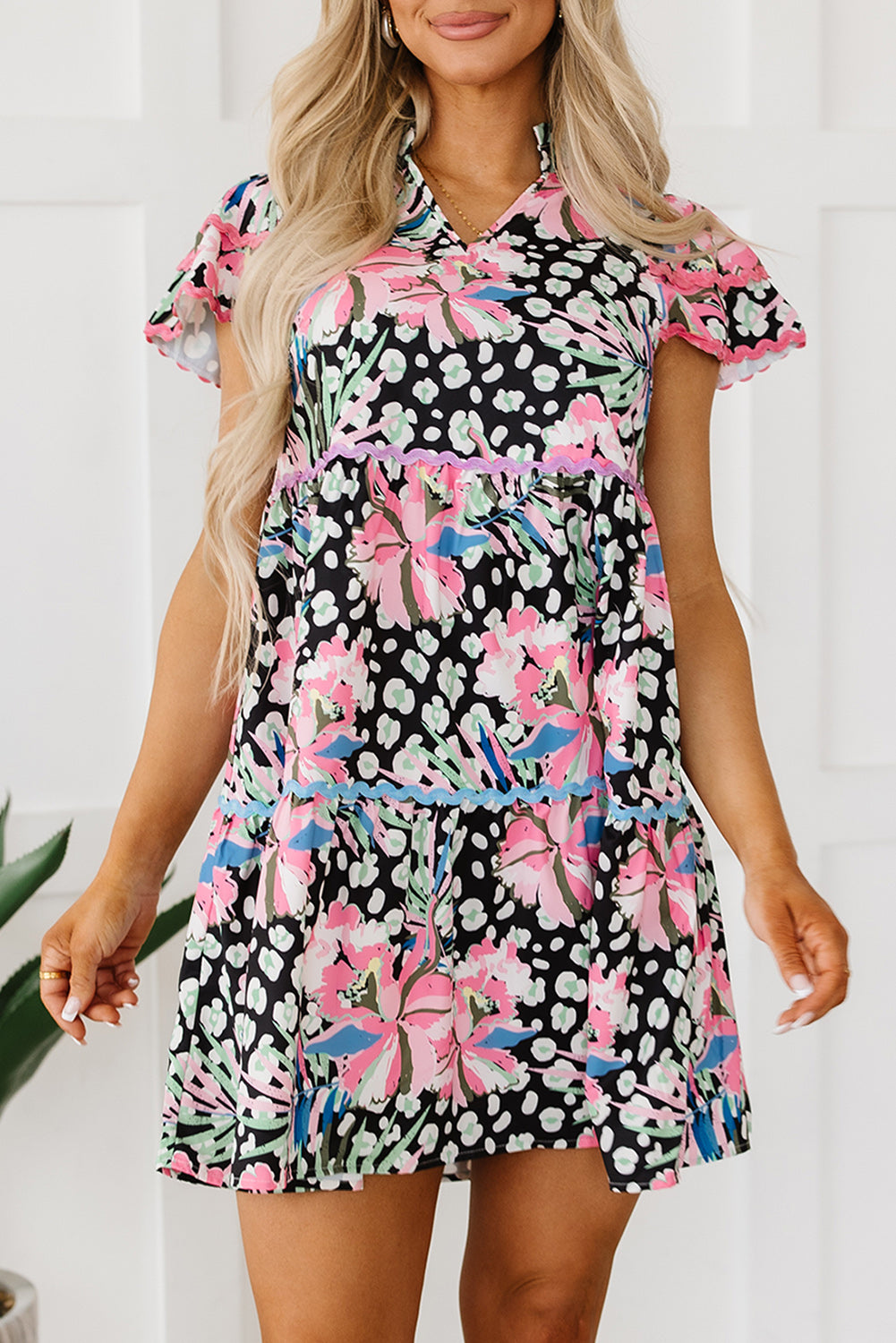 Blue Zone Planet |  Pink Floral Ricrac Embellished Tiered Mini Dress Blue Zone Planet