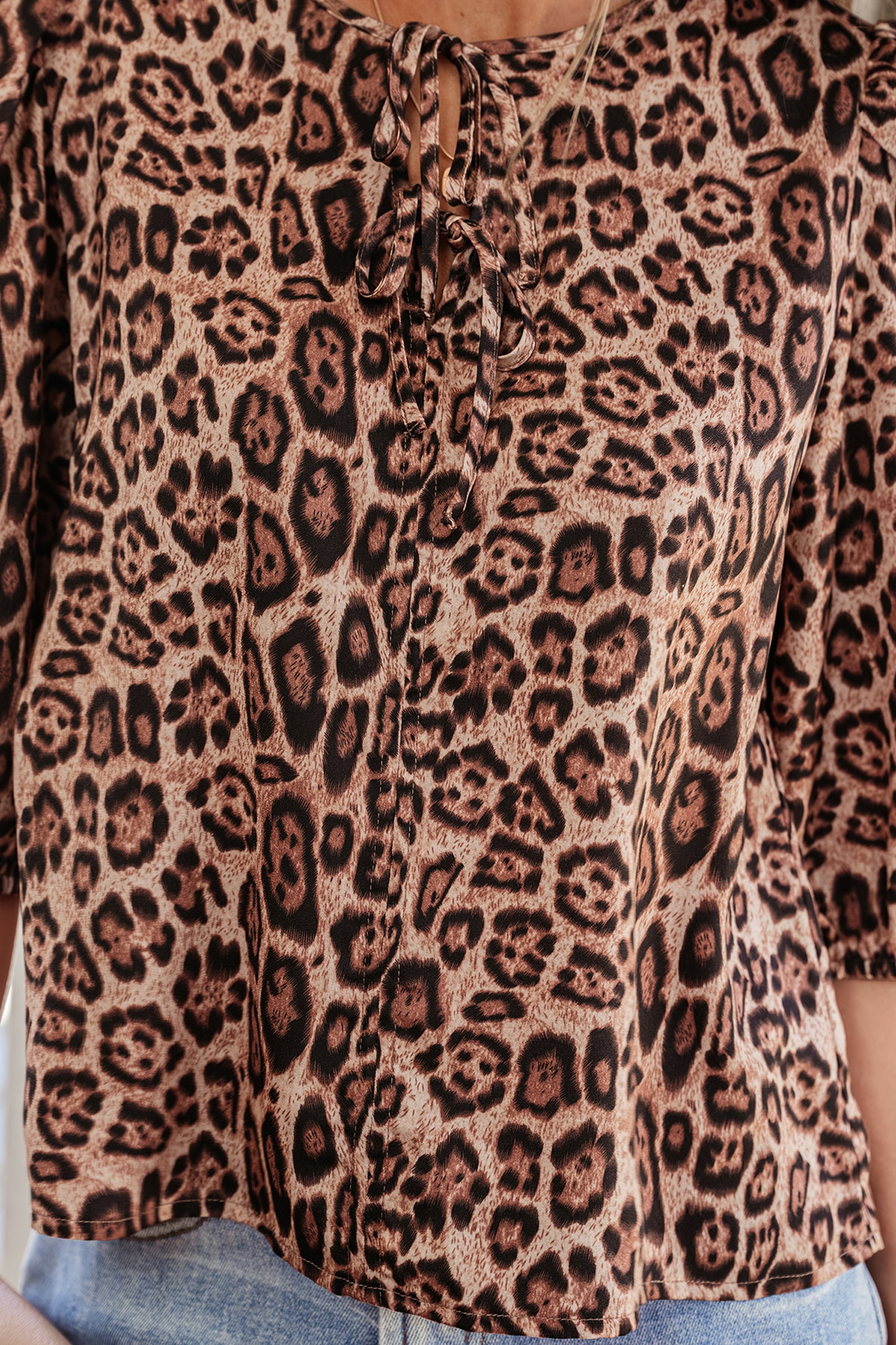 Brown Leopard Bow Tie Puff Sleeve Blouse-Tops/Blouses & Shirts-[Adult]-[Female]-2022 Online Blue Zone Planet