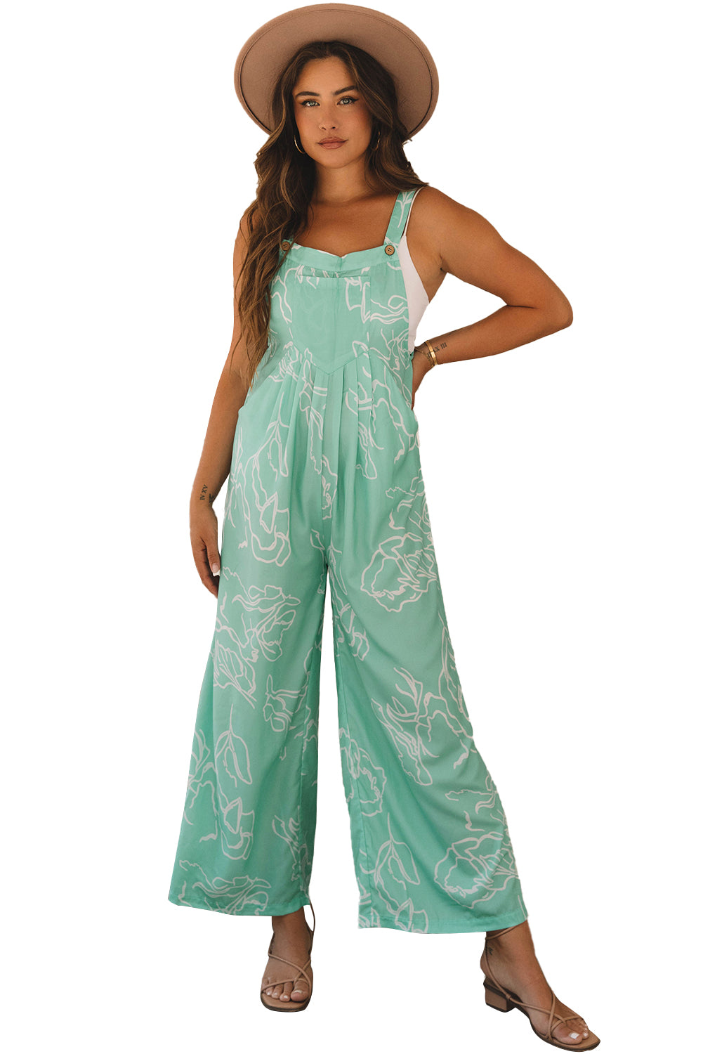 Blue Zone Planet | Moonlight Jade Printed Bib Wide Leg Overalls-TOPS / DRESSES-[Adult]-[Female]-2022 Online Blue Zone Planet