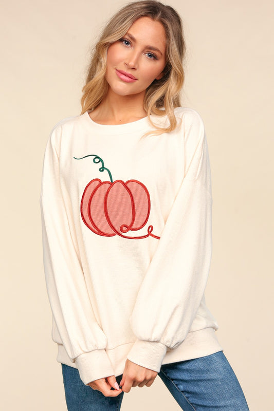 Blue Zone Planet | Haptics Full Size Embroidery Pumpkin Long Sleeve Knit Top-TOPS / DRESSES-[Adult]-[Female]-Ivory-S-2022 Online Blue Zone Planet