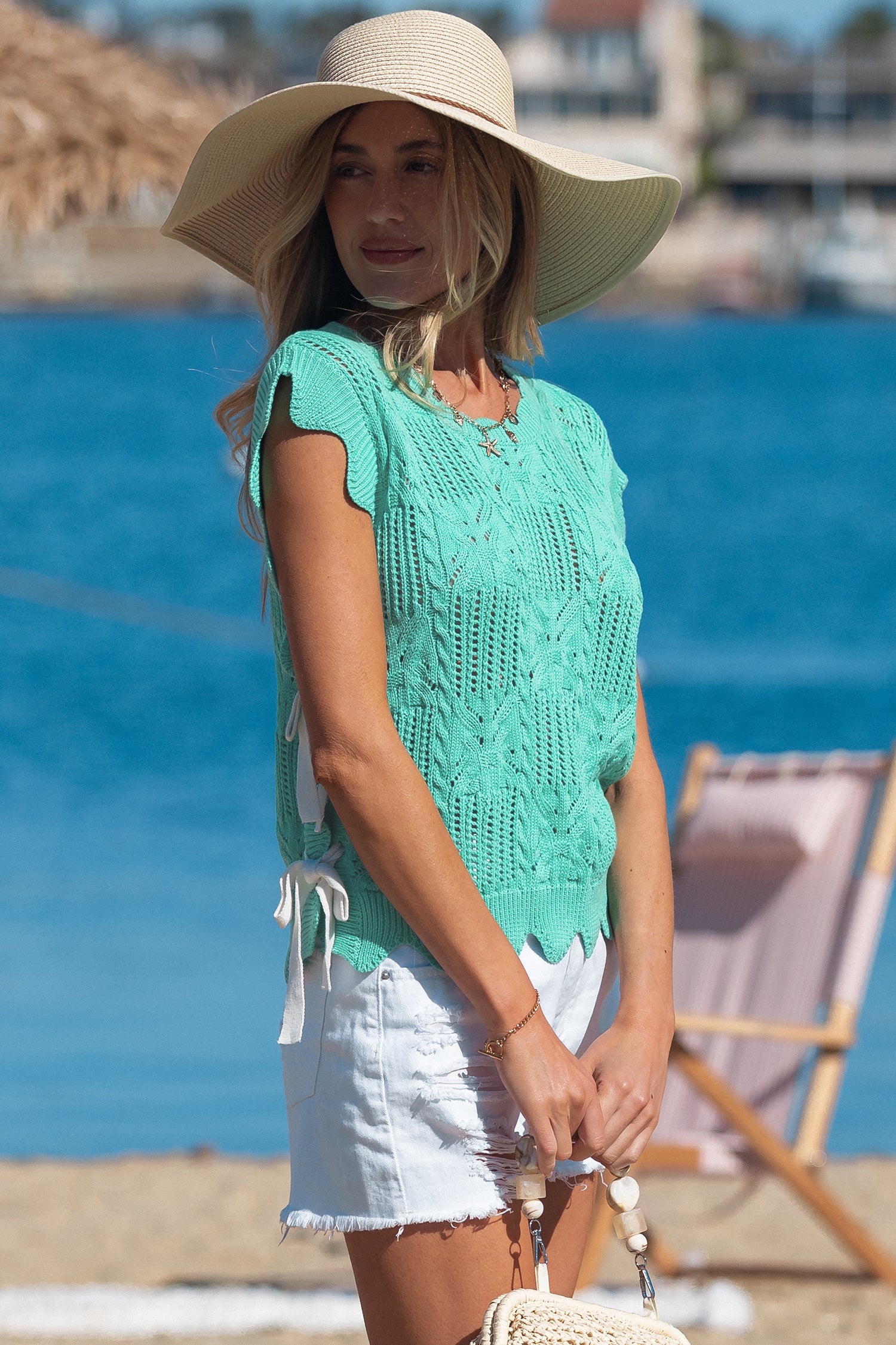 Mint Green Pointelle Knit Patterned Scalloped Trim Short Sleeve Sweater-TOPS / DRESSES-[Adult]-[Female]-2022 Online Blue Zone Planet