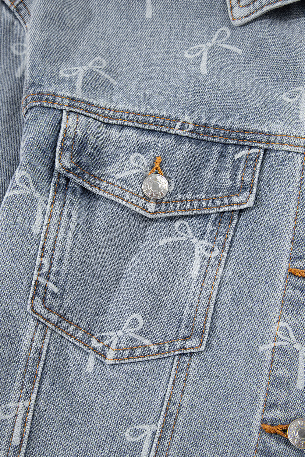 Sky Blue Bow Knot Print Light Wash Raw Hem Denim Jacket-Outerwear/Denim jackets-[Adult]-[Female]-2022 Online Blue Zone Planet