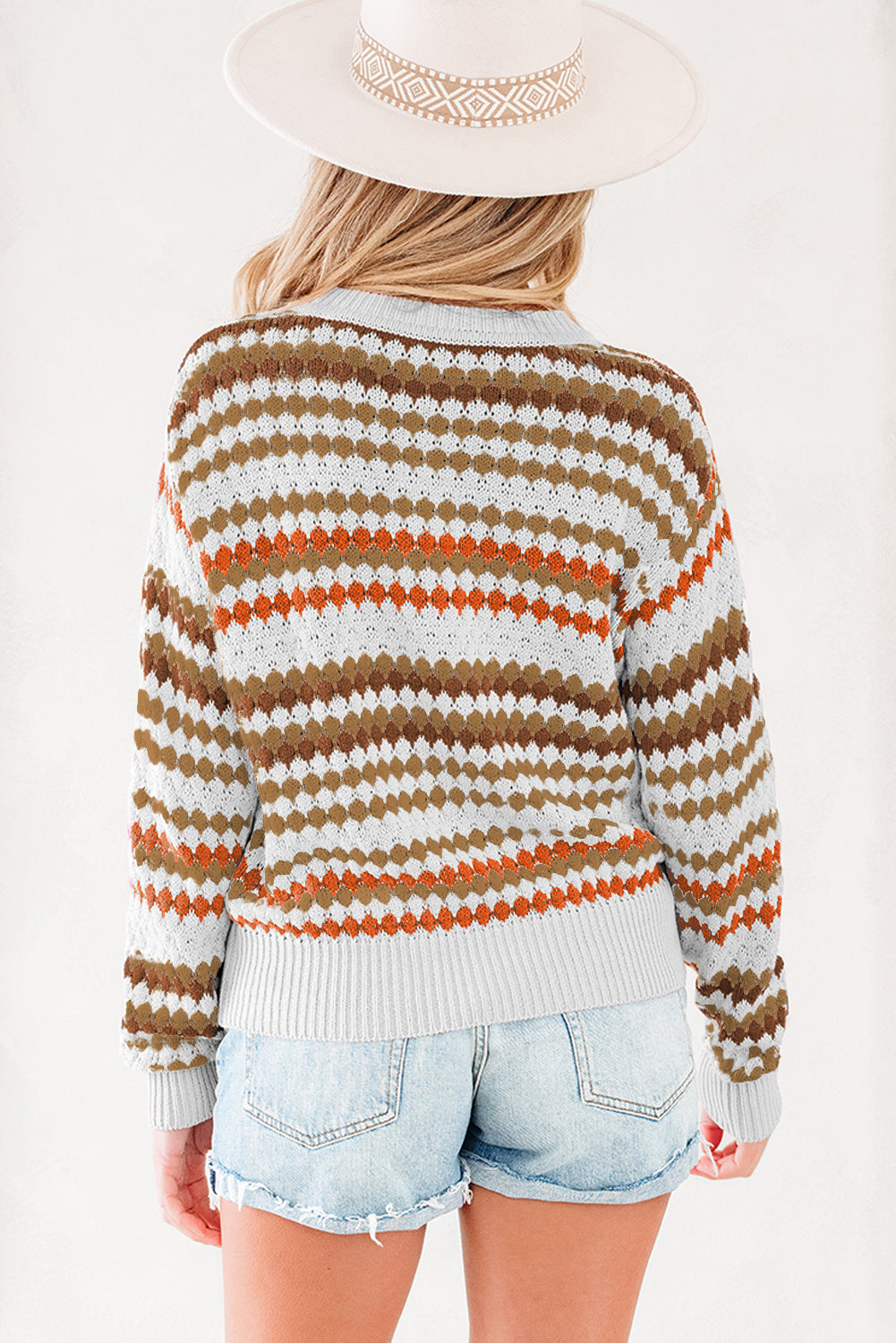 Brown Stripe Eyelet Patterned Drop Shoulder Sweater-Sweaters & Cardigans/Sweaters-[Adult]-[Female]-2022 Online Blue Zone Planet