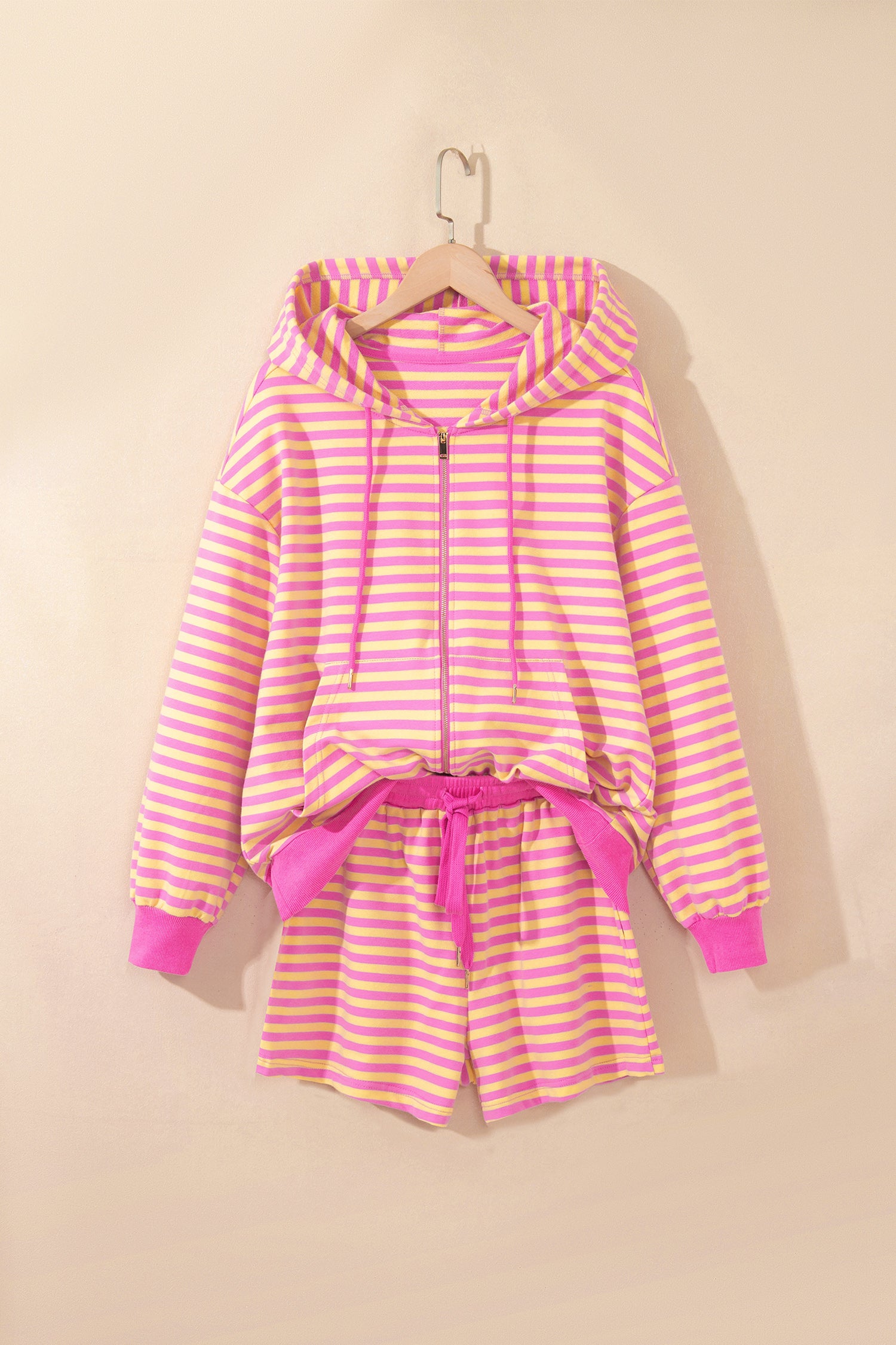 Rose Red Striped Long Sleeve Zip-Up Hoodie Drawstring Elastic Waist 2pcs Short Set-Two Piece Sets/Short Sets-[Adult]-[Female]-2022 Online Blue Zone Planet