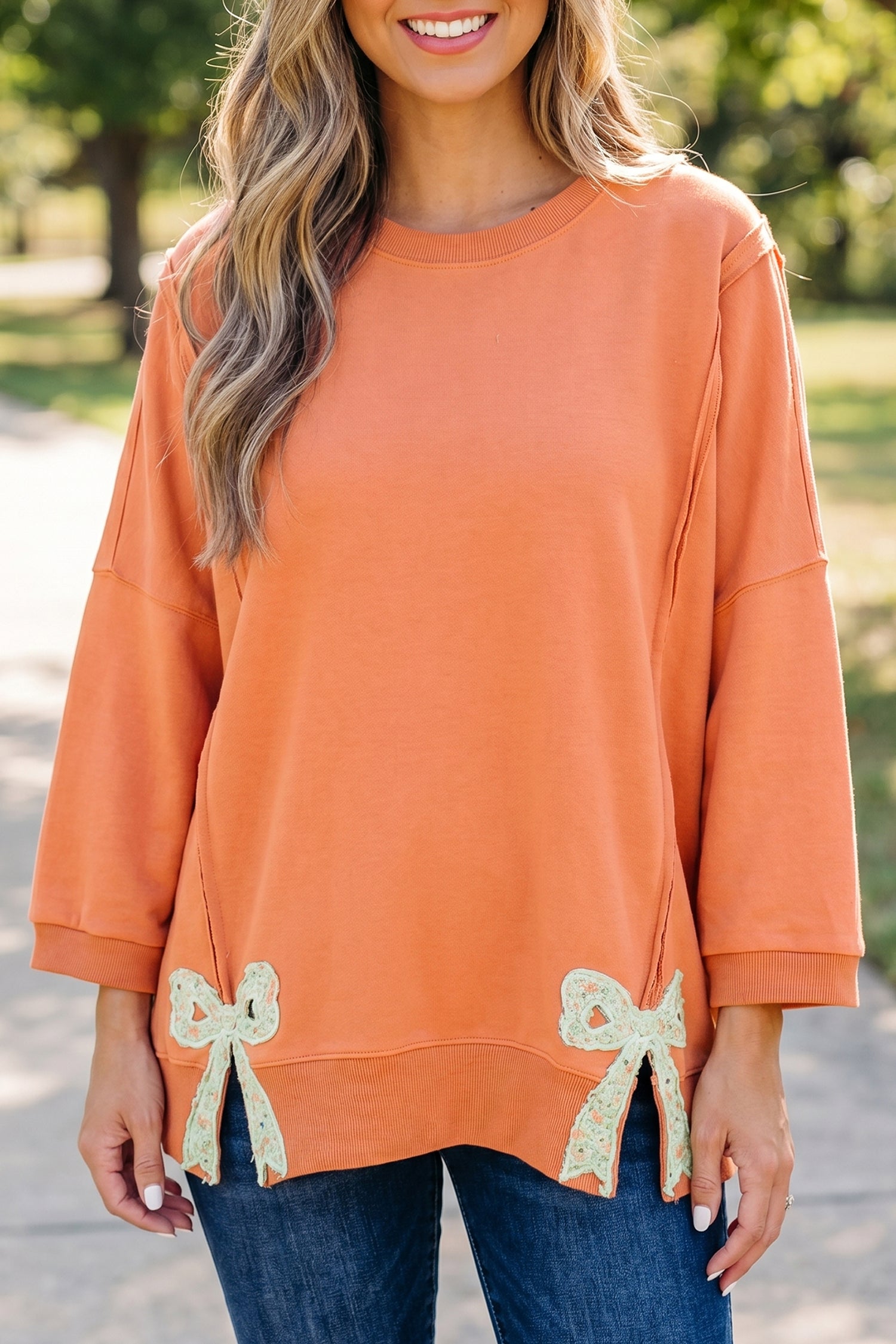 Grapefruit Orange Floral Bow Patched Exposed Seam Patchwork Slit Baggy Sweatshirt-Tops/Sweatshirts & Hoodies-[Adult]-[Female]-2022 Online Blue Zone Planet