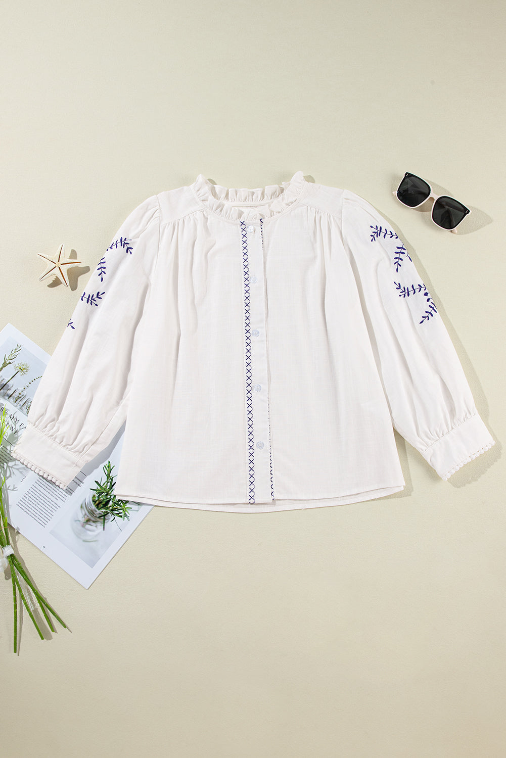 White Floral Embroidered Bracelet Sleeve Shirt-Tops/Blouses & Shirts-[Adult]-[Female]-2022 Online Blue Zone Planet