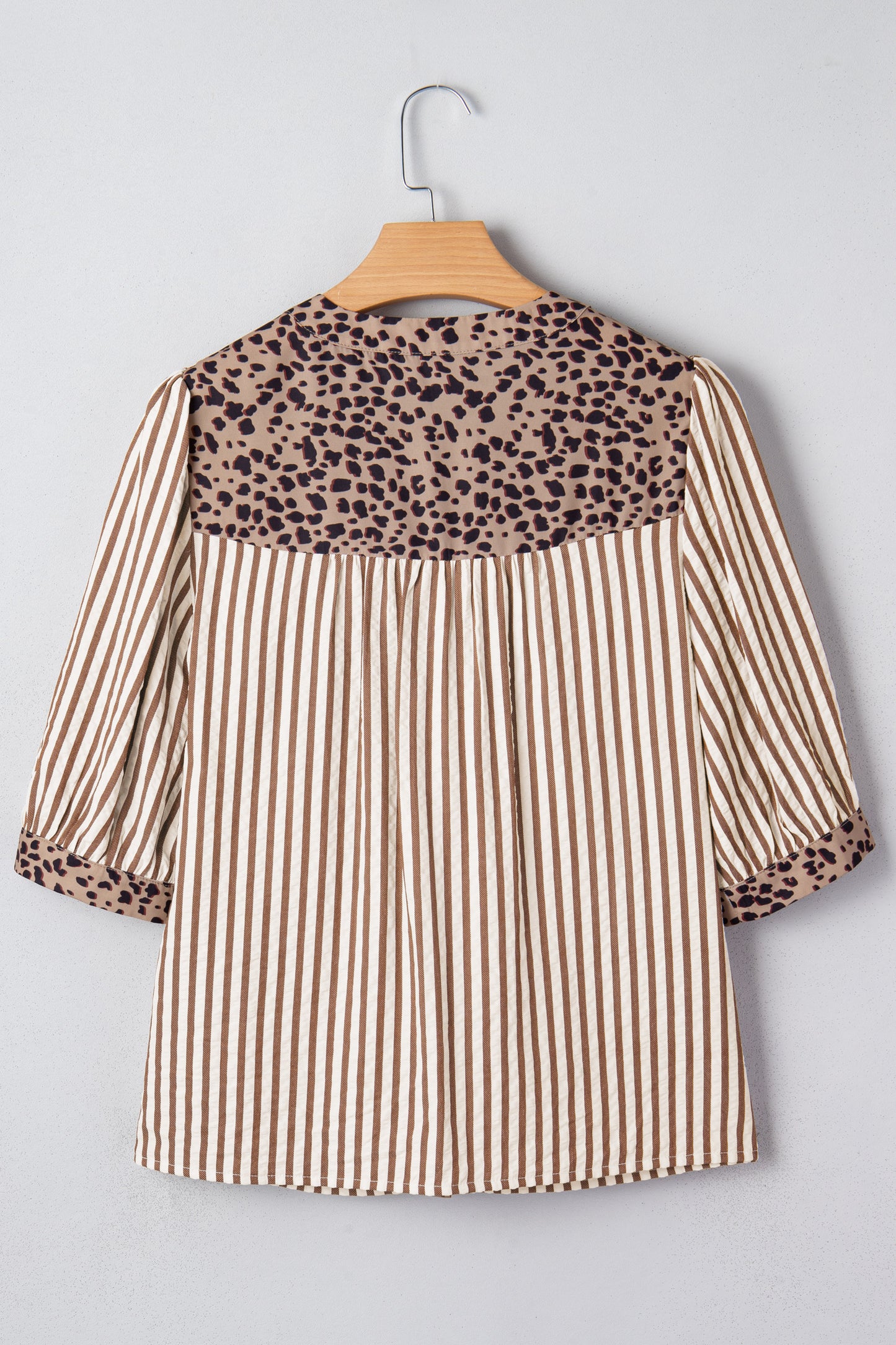 Brown Stripe Leopard Trim V Neck Button Down Half Sleeve Shirt-Tops/Blouses & Shirts-[Adult]-[Female]-2022 Online Blue Zone Planet