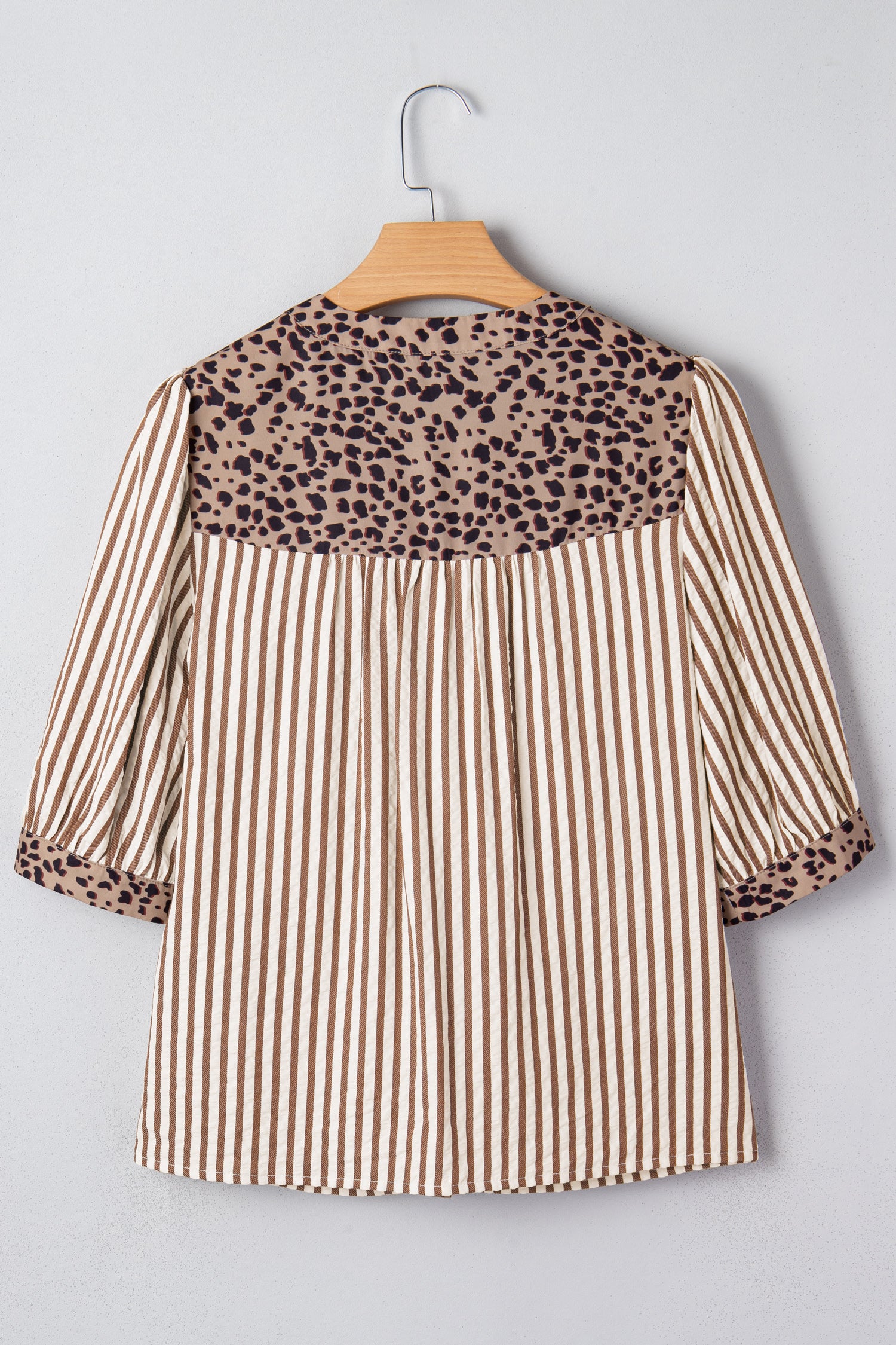 Brown Stripe Leopard Trim V Neck Button Down Half Sleeve Shirt-Tops/Blouses & Shirts-[Adult]-[Female]-2022 Online Blue Zone Planet