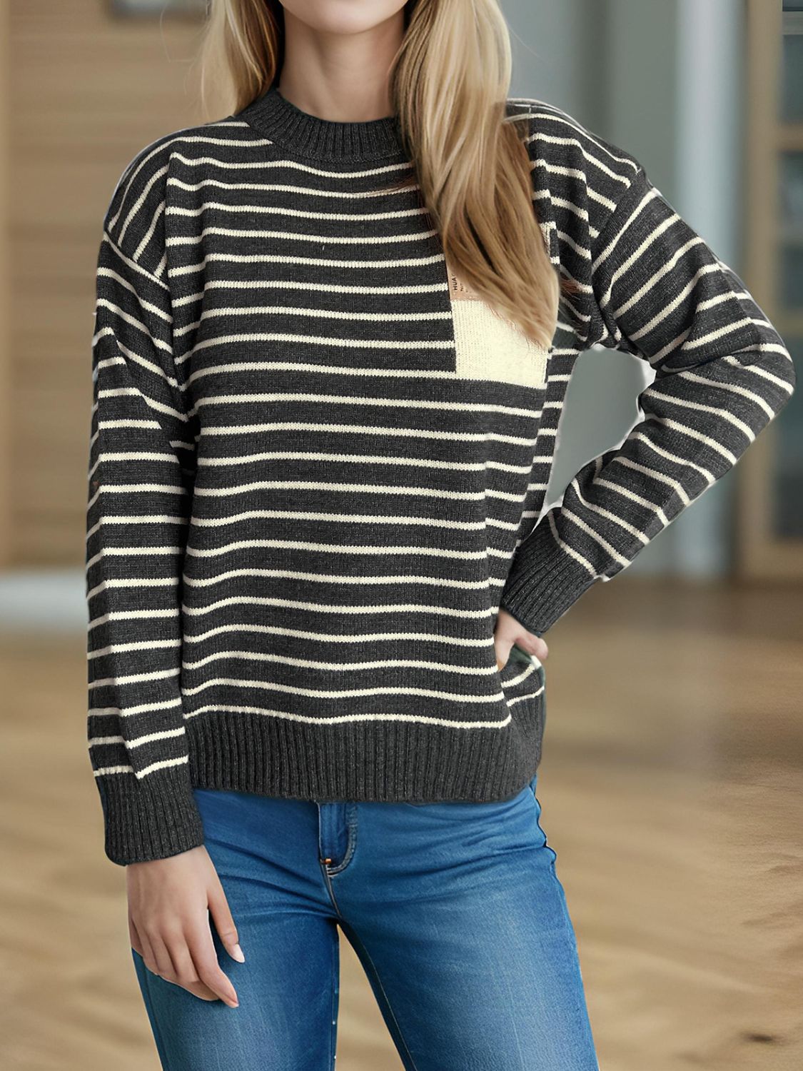 Blue Zone Planet | Striped Mock Neck Long Sleeve Sweater-TOPS / DRESSES-[Adult]-[Female]-2022 Online Blue Zone Planet