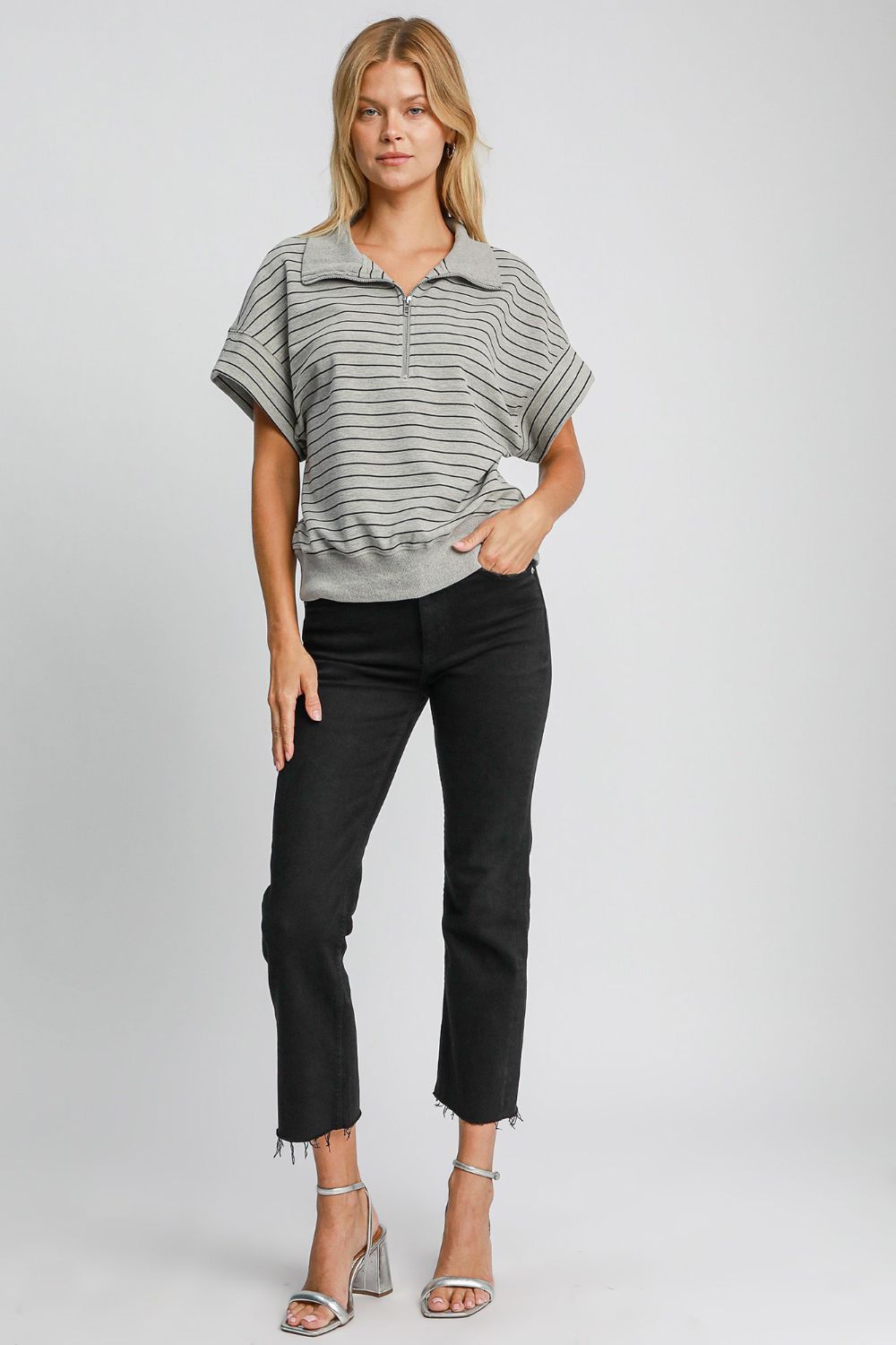 Umgee Striped Half Zip Short Sleeve Sweatshirt-TOPS / DRESSES-[Adult]-[Female]-2022 Online Blue Zone Planet