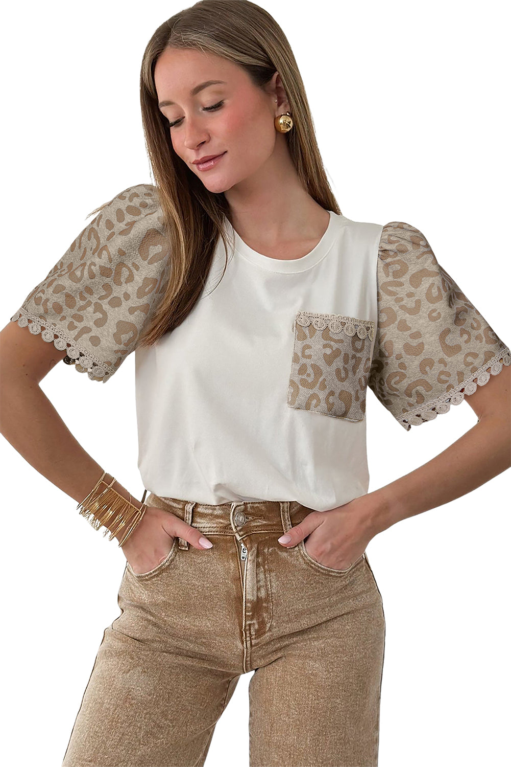 White Leopard Patchwork Crochet Lace Trim Puff Sleeve T Shirt-Tops/Tops & Tees-[Adult]-[Female]-2022 Online Blue Zone Planet