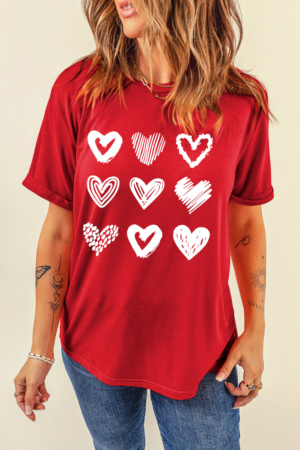 Red Diverse Heart Printed Crewneck Valentines Tee-Graphic Tees-[Adult]-[Female]-2022 Online Blue Zone Planet