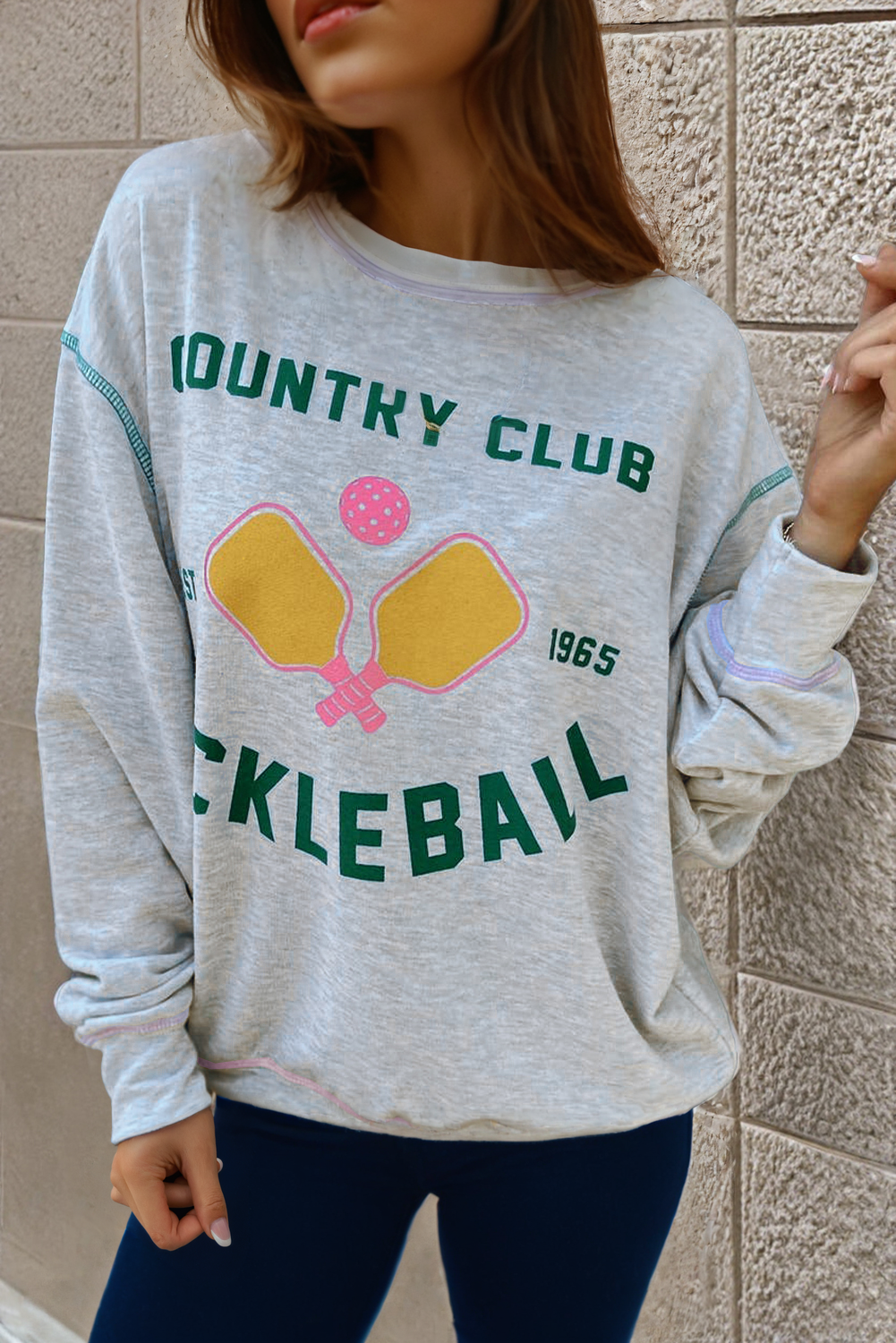 Light Grey COUNTRY CLUB PICKLEBALL Graphic Exposed Stitching Casual Sweatshirt-Tops/Sweatshirts & Hoodies-[Adult]-[Female]-2022 Online Blue Zone Planet