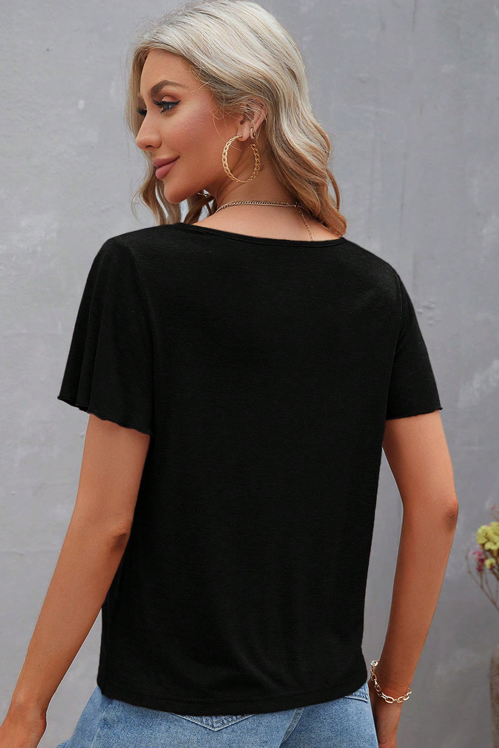 Black Crisscross V Neck Butterfly Sleeve T Shirt-Tops/Tops & Tees-[Adult]-[Female]-2022 Online Blue Zone Planet