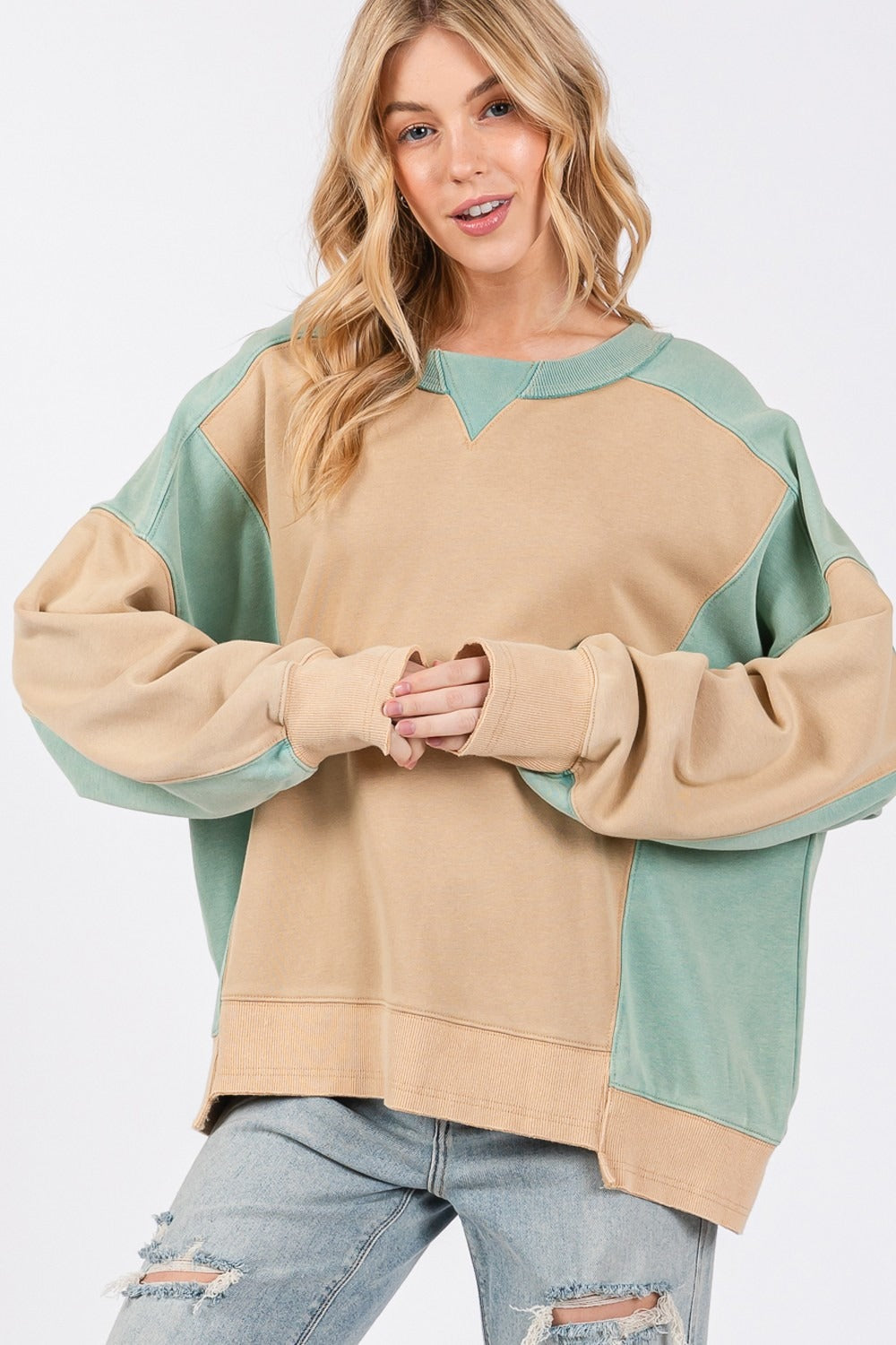 SAGE + FIG Color Block Round Neck Sweatshirt-TOPS / DRESSES-[Adult]-[Female]-2022 Online Blue Zone Planet